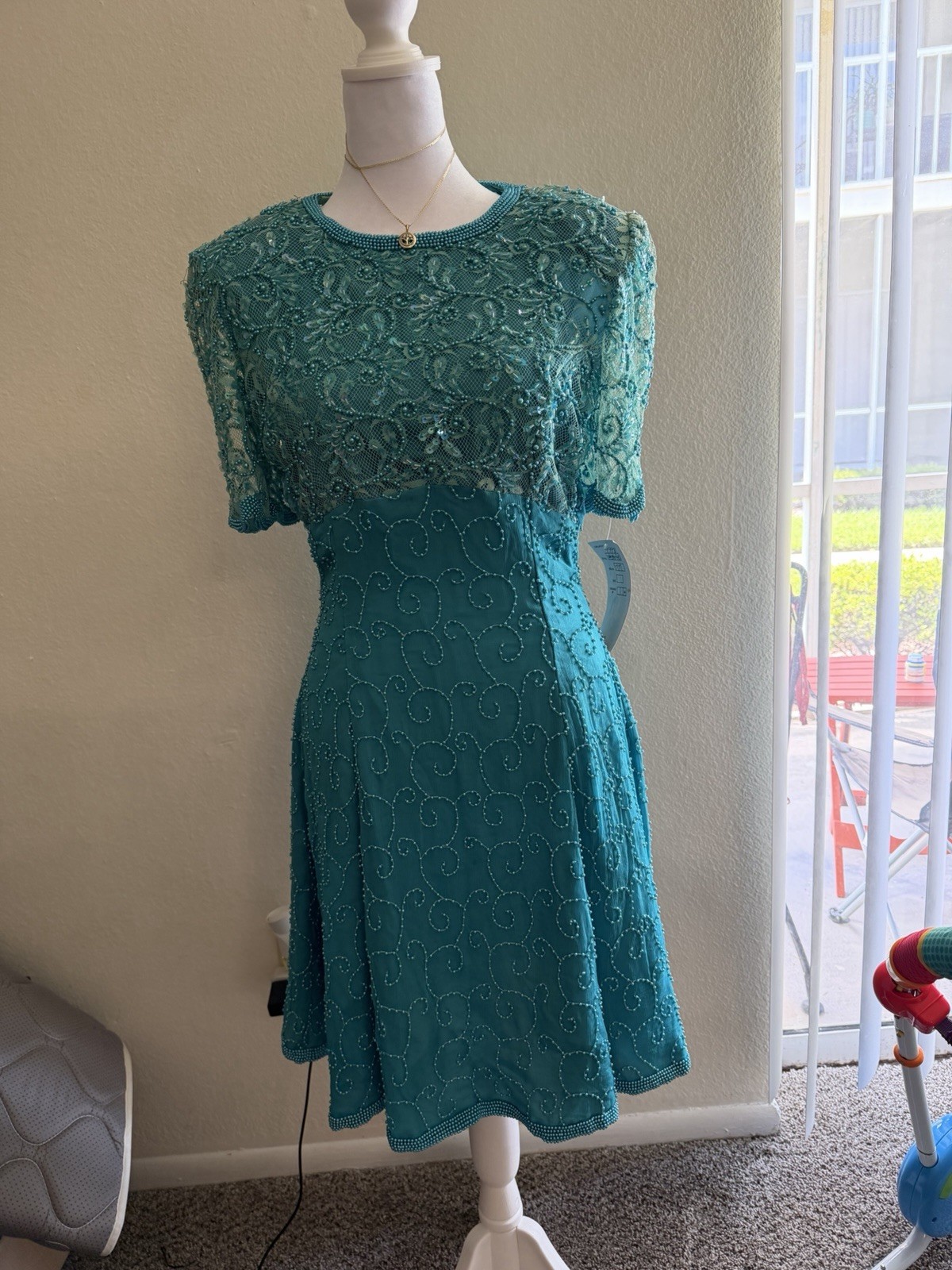 Creative Creations Vintage 100% Silk Dress – Teal Blue Beaded Embroidered Size 8