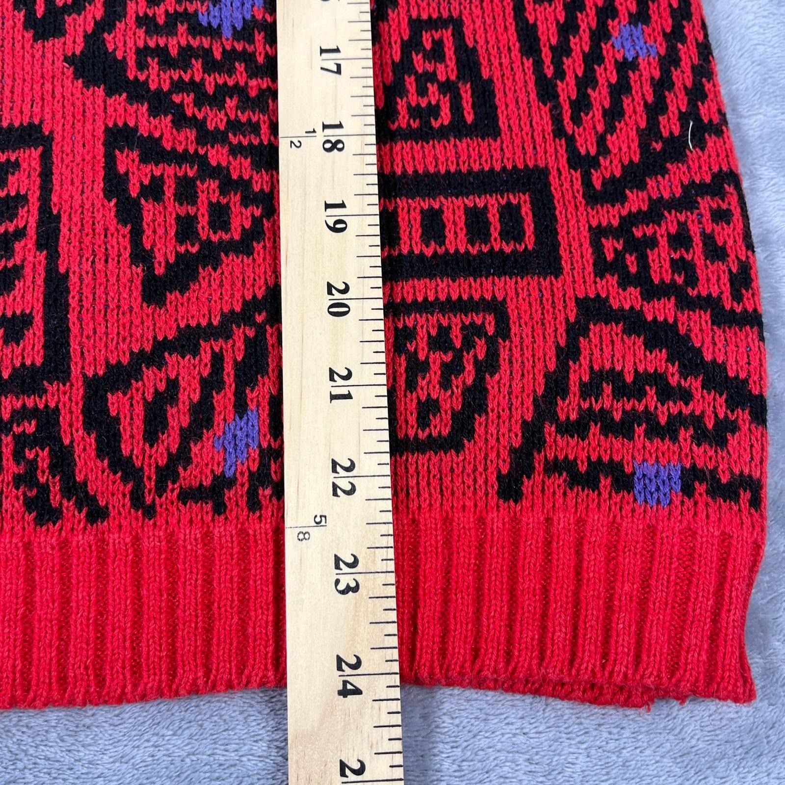 Vintage 90s Statement Sweater M Red Black Geometric Knit Grandpa Sweater Retro