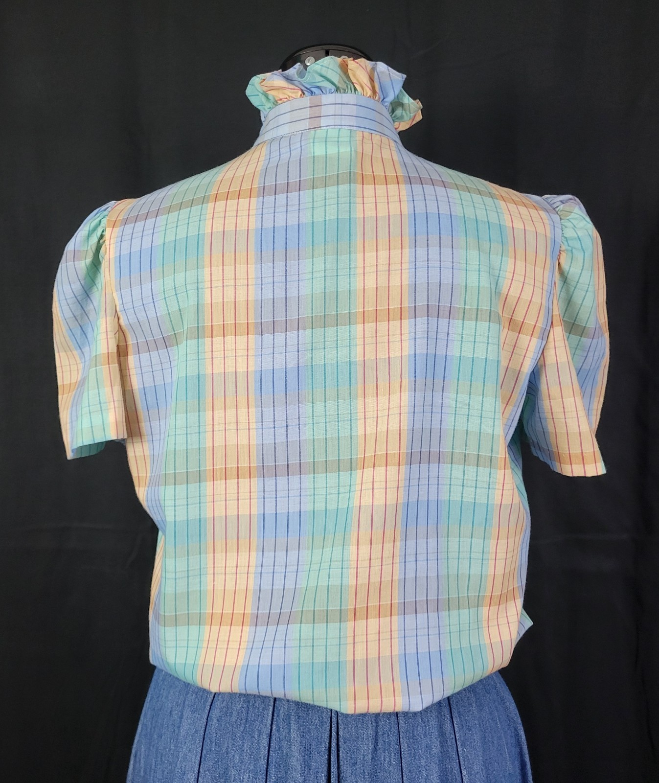 Vtg Lucky Winner Peach/Mint/Blue Plaid Top w Ruffled Collar Size 11/12