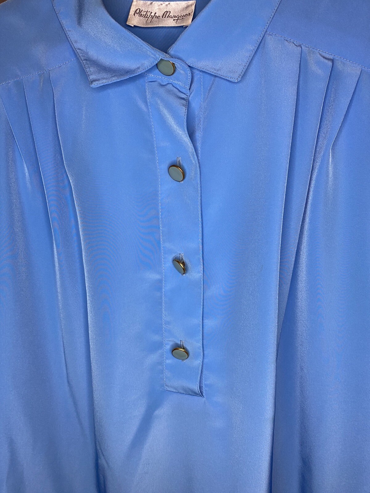 Vintage Philippe Marques Blouse Blue 90s Pleated Button Up Shirt Size 14