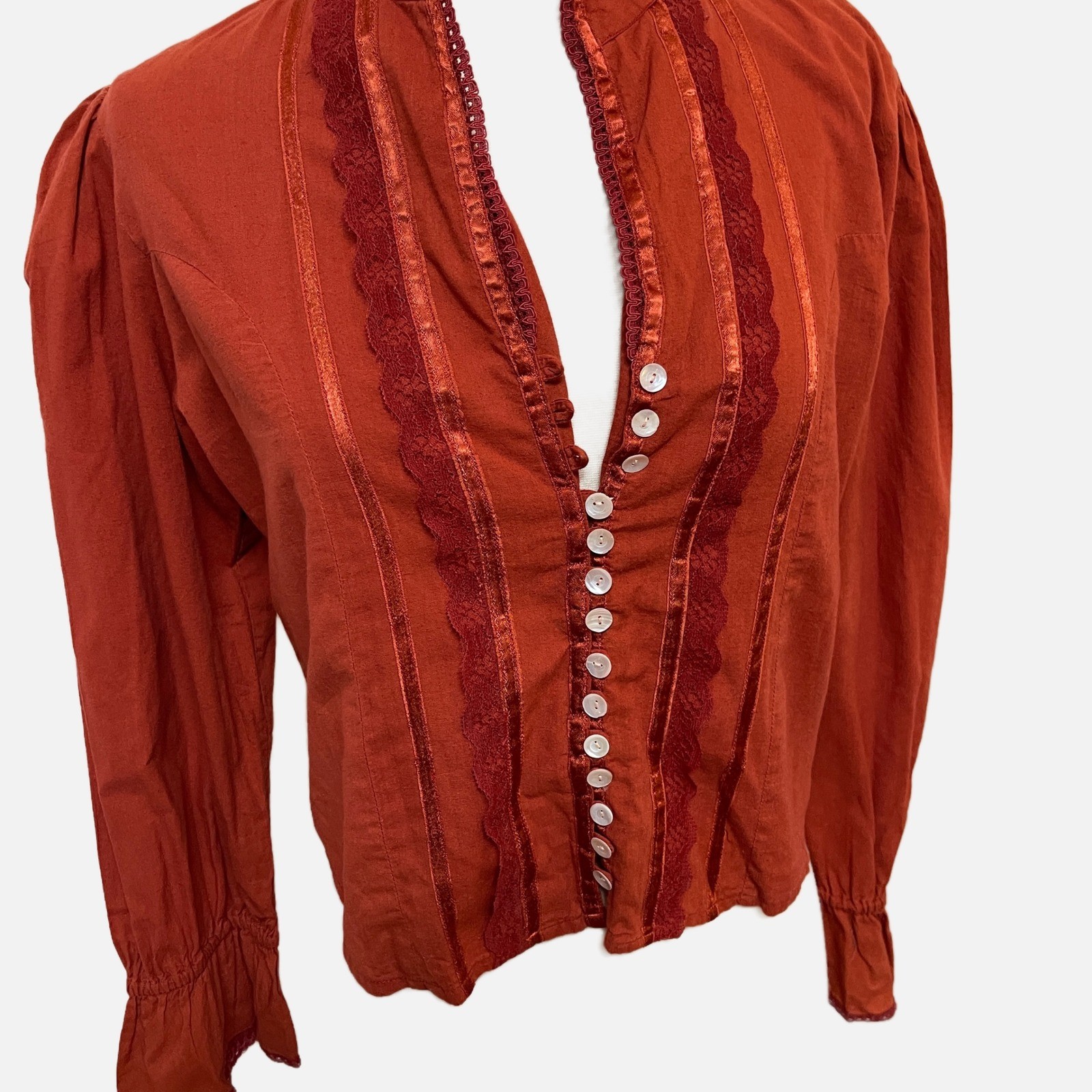 Third Time Around Rust Orange Cotton Lace Trim Victorian Blouse Medium