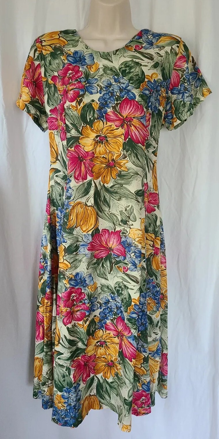 Vintage Paradise Bay Floral Dress Rayon Shoulder Pads Made in Hawaii Size Medium