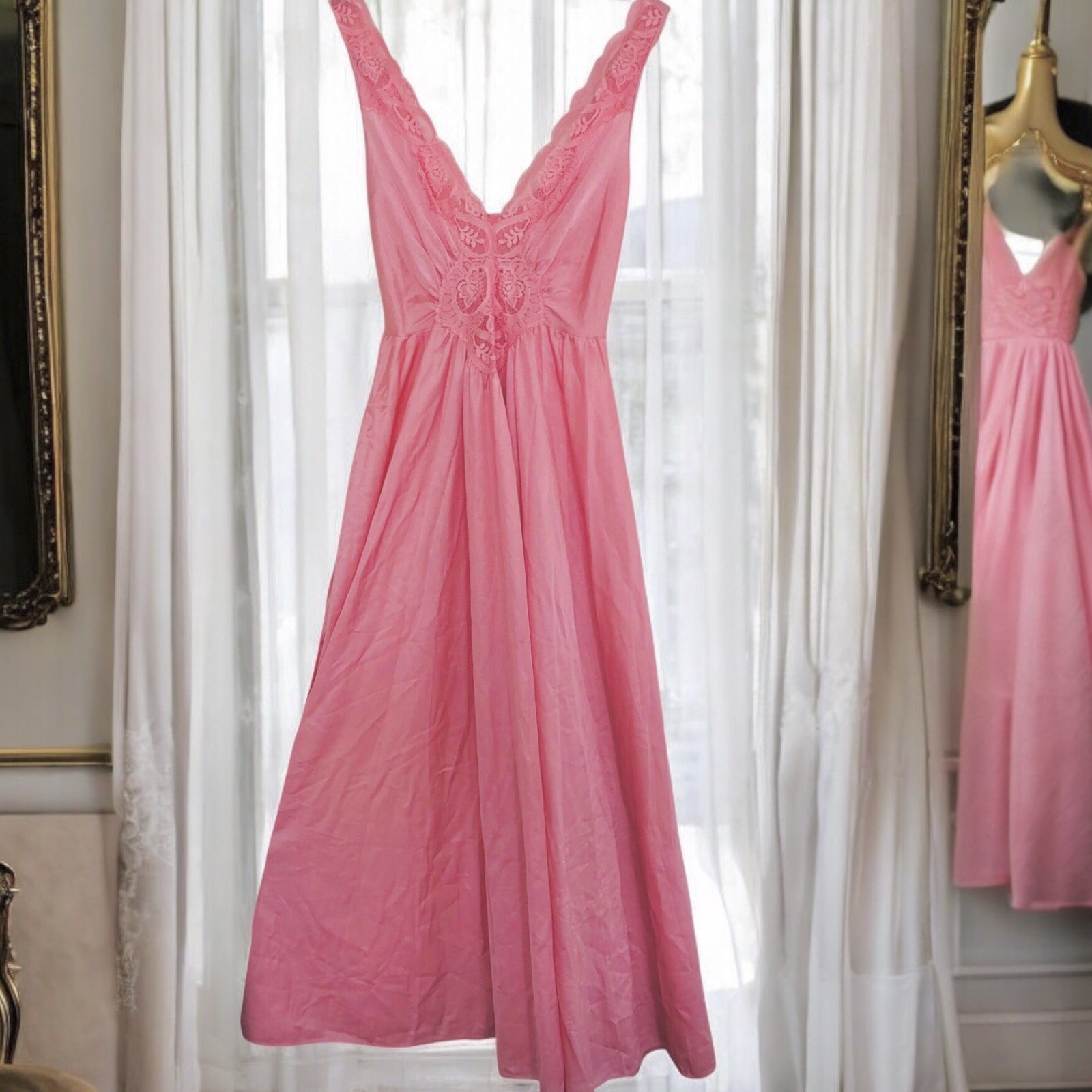Vtg 70s Olga Pink Nylon Nightgown Lace Inset Empire Waist Long Full Sweep Medium