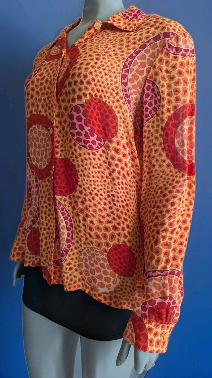 VTG Ilyse Hart Ltd Orange Rayon Button Down Shirt w/Psychedelic Bubble Print M