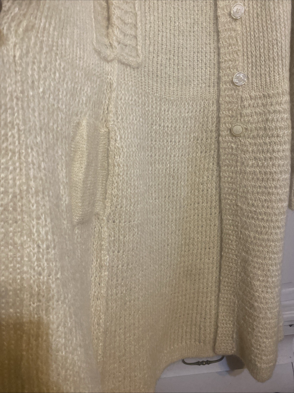 Vintage 60s_Ivory Long Mohair Wool High-Neck Capelet Collar Knit Coat, Sz S
