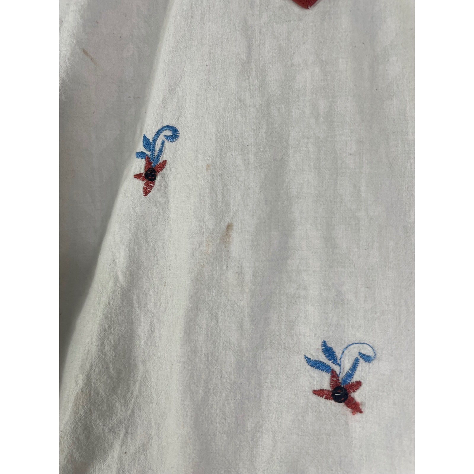 Vintage Hand Embroidered Boho Tunic Dress Cream Rust Blue V Neck Cottagecore