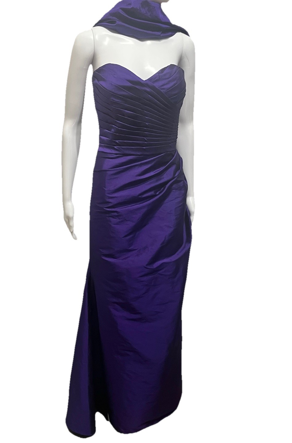 RARE Angelina Faccenda Size 10 Satin Purple Strapless Gown With Scarf Vintage