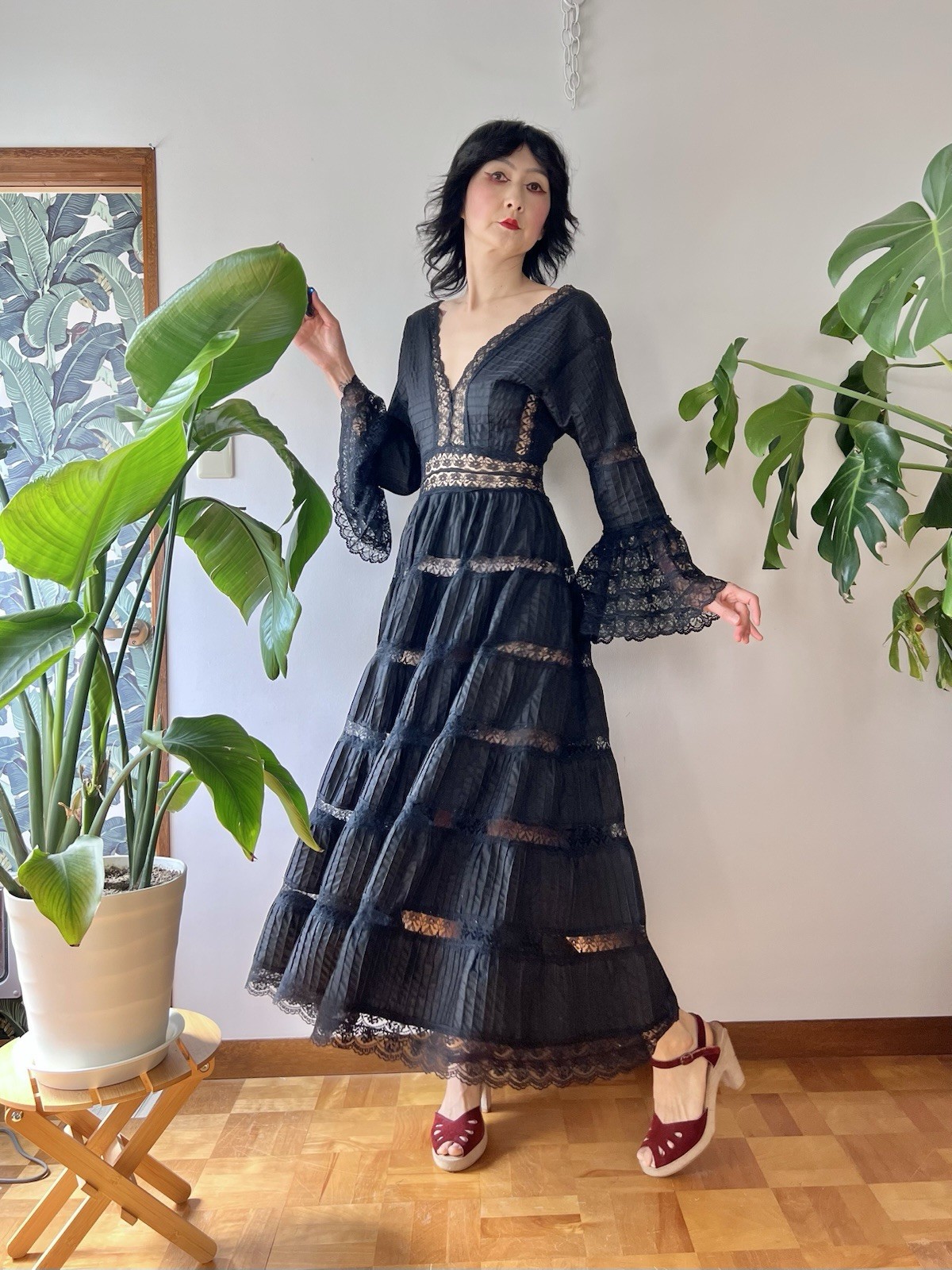 VTG 60s Mexican Wedding Dress Black Lace Pintuck Bell Sleeve Maxi S/M Boho Hippy