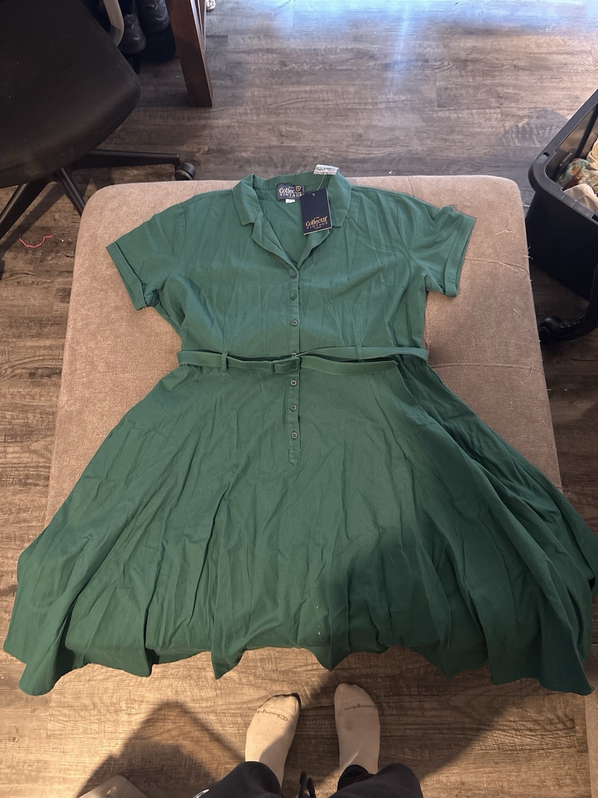 Collectif Vintage Green Shirt Dress Plus 4XL Short Sleeve Belted Button Front