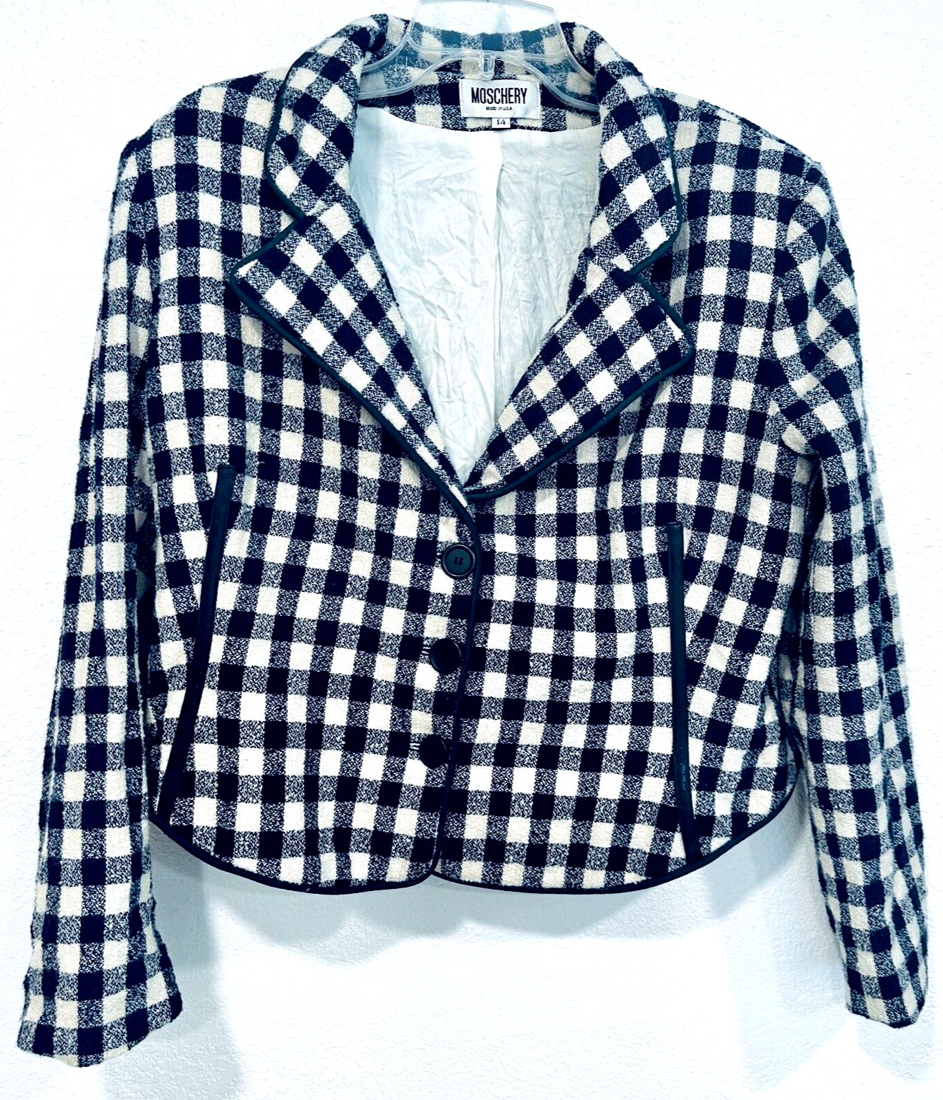 Vintage Moschery Wool Blazer Jacket Navy Blue / White Plaid Made in USA Size 14