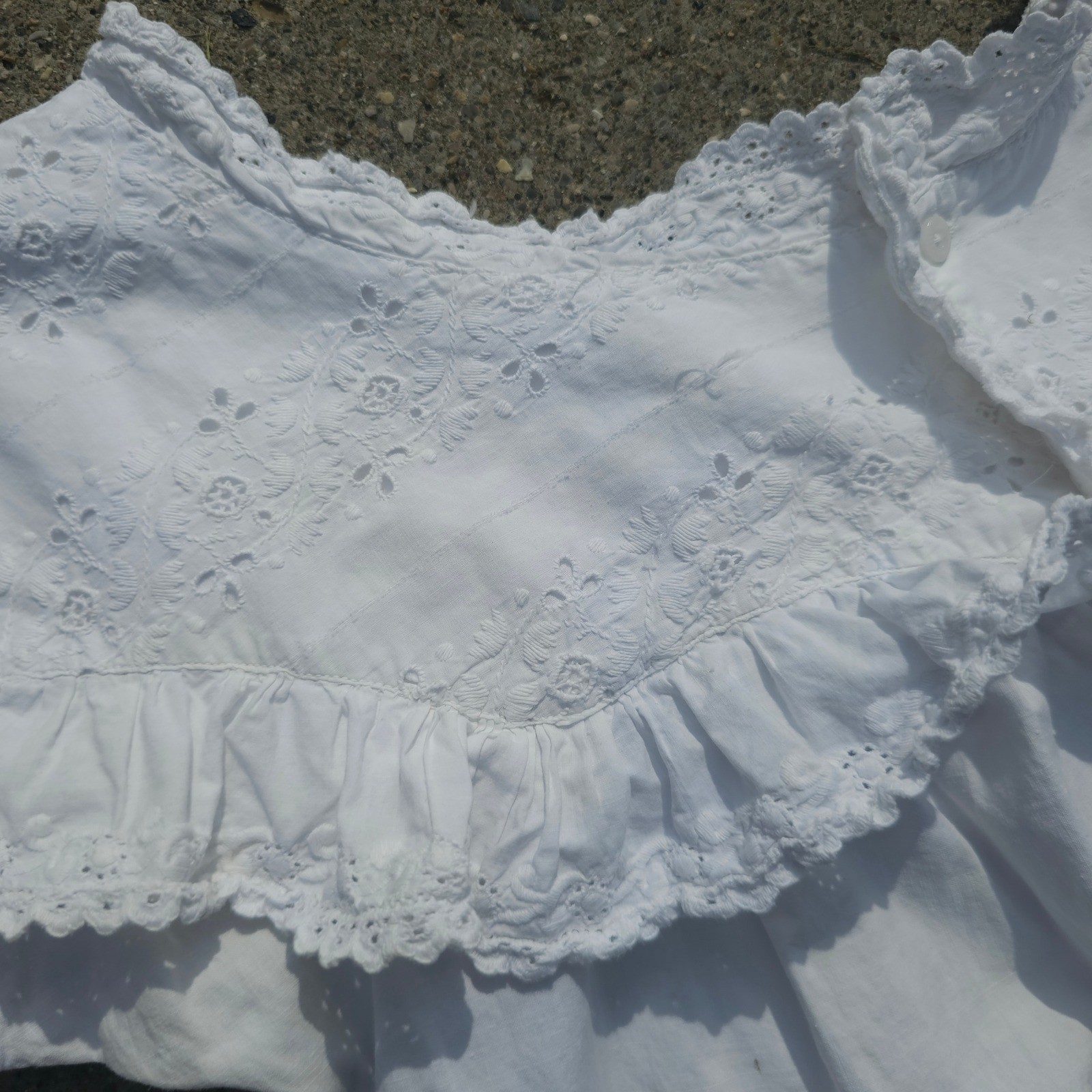 Antique White Cotton Eyelet Lace Nightgown Ruffle Sleeve Victorian Dress 1800s