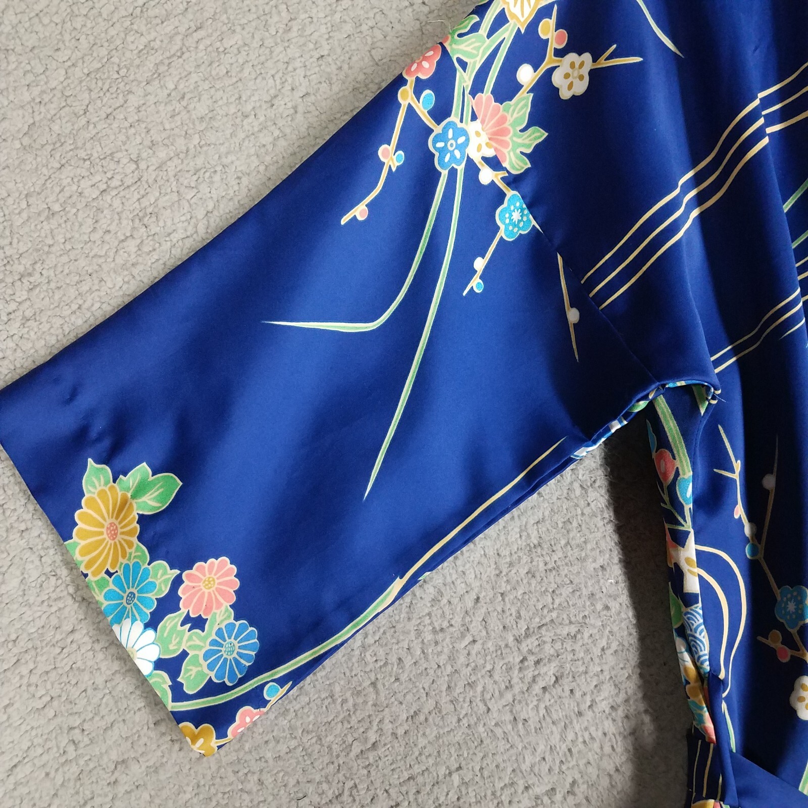 Vintage Japanese Kimono Robe Womens Large Satin Floral Garden Made In Japan Blue