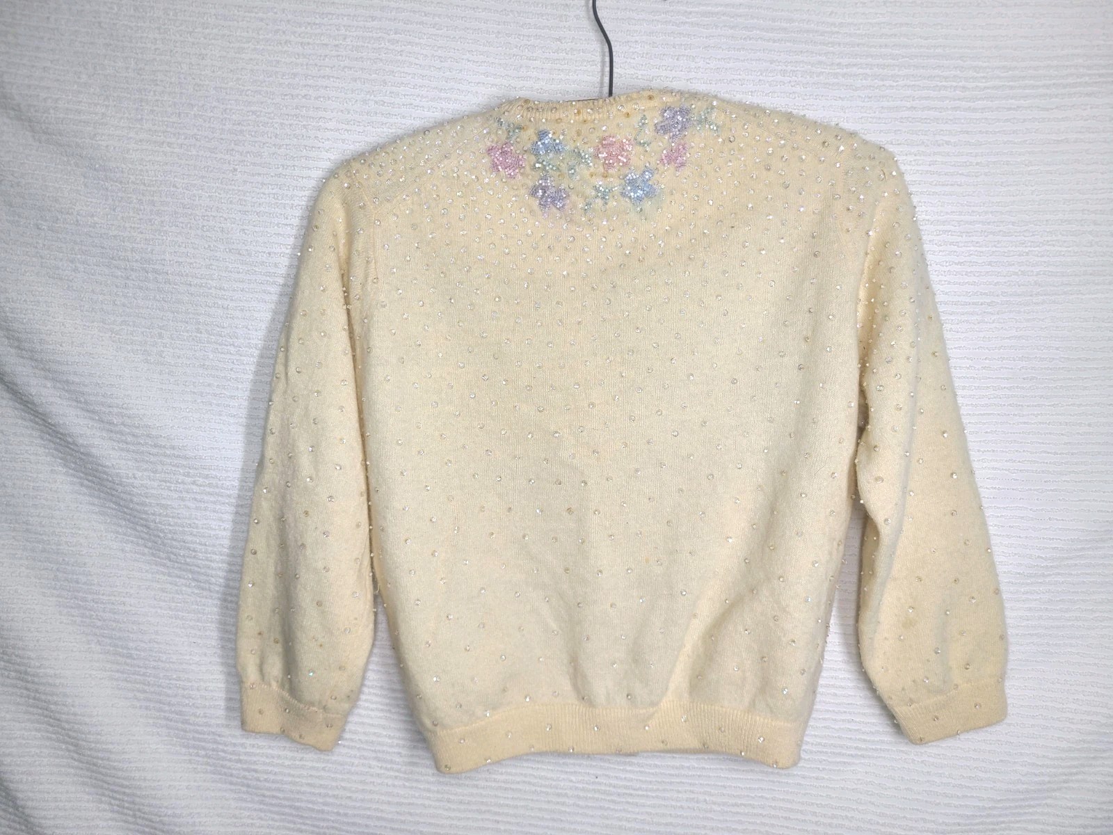 1950s Beaded Cashmere Cardigan Silk Lined Cut Glass Alfred Wong Small Vintage