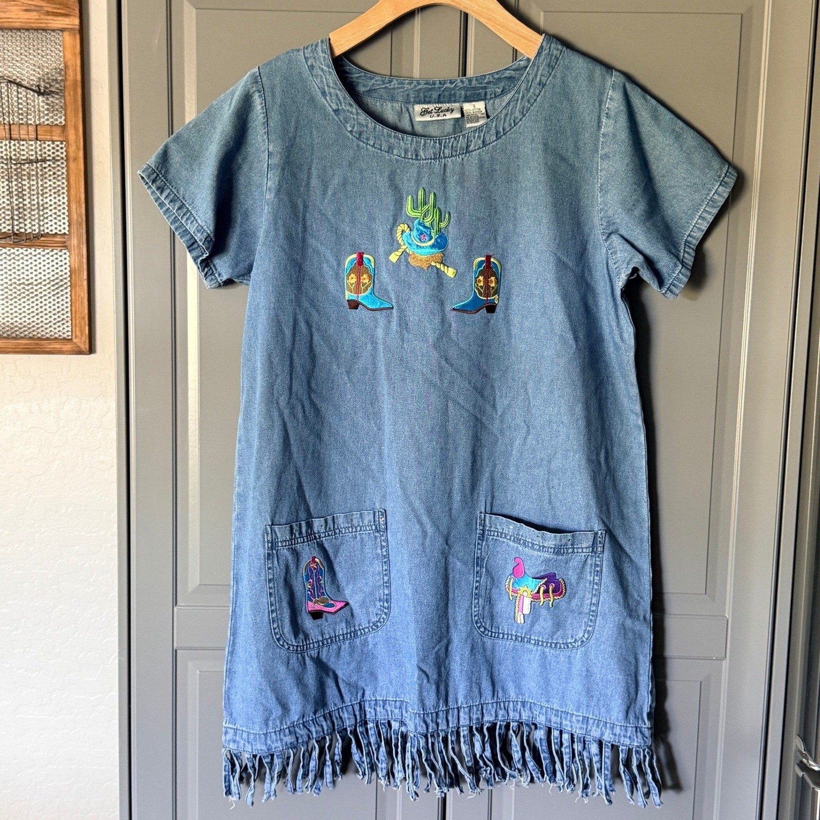 Get Lucky USA Vintage Denim Western Embroidered Fringe Shift Dress, Blue, S