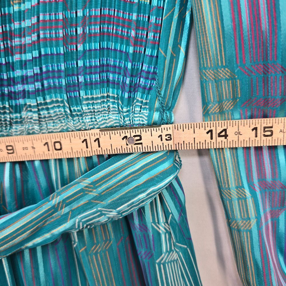 Vintage 80s Marinette Dress 14 Mock Neck Smocked Long Puffy Sleeve Sheer Striped