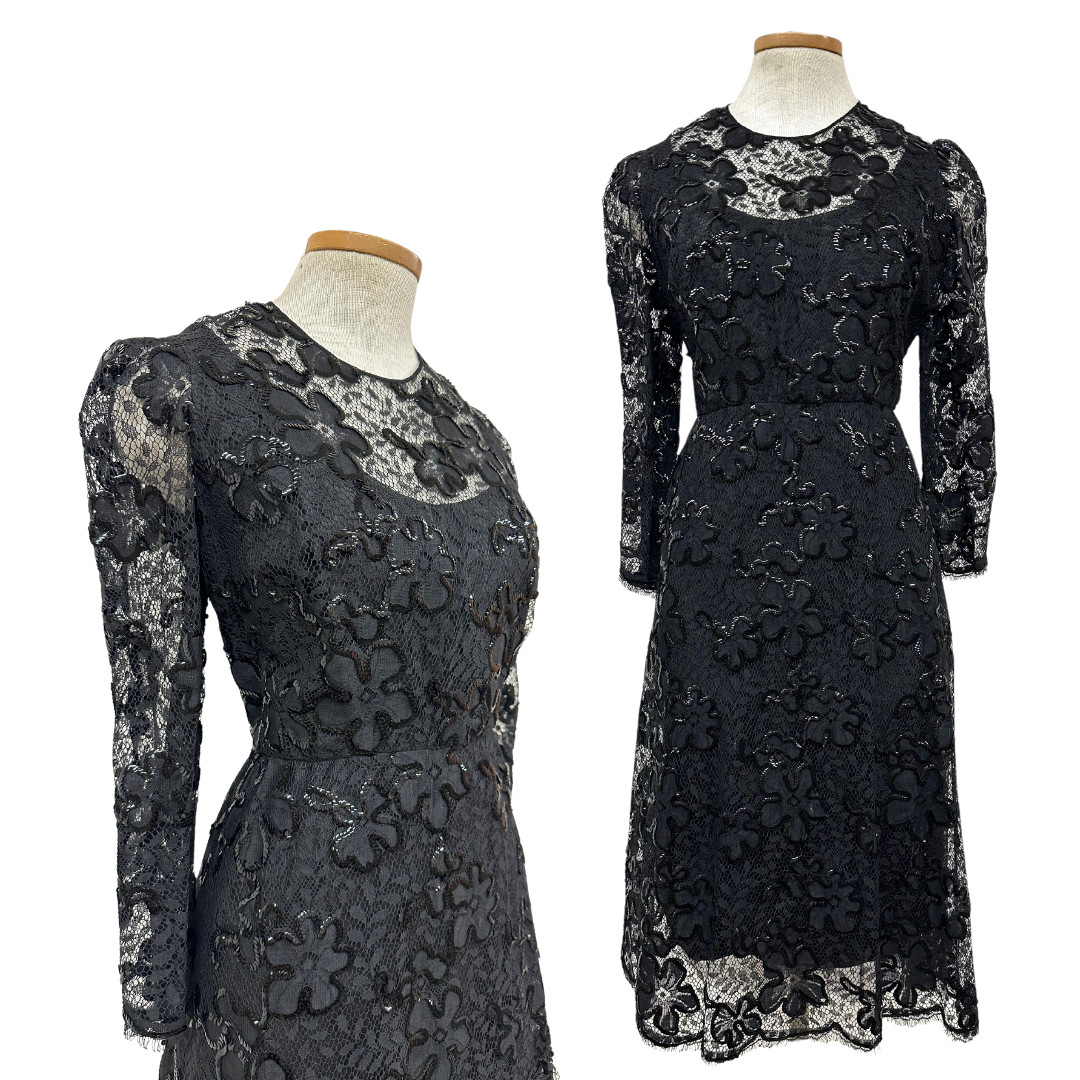 Vintage Arnold Scaasi 1960s Black Lace Bold Floral Romantic Sequin Black Dress