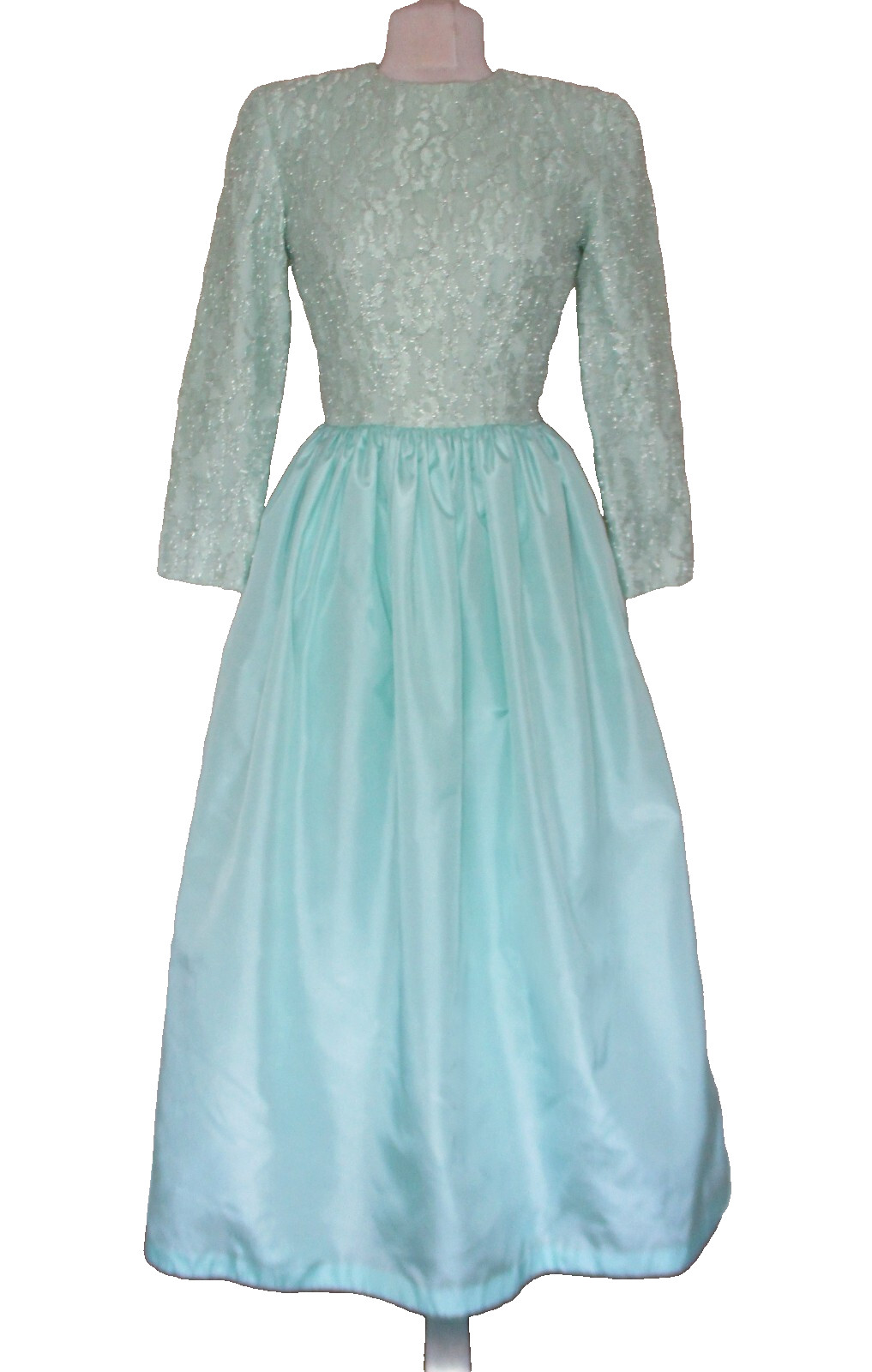Vintage 80s BILL BLASS Pastel Green Lace Taffeta Evening Gown Dress S Women