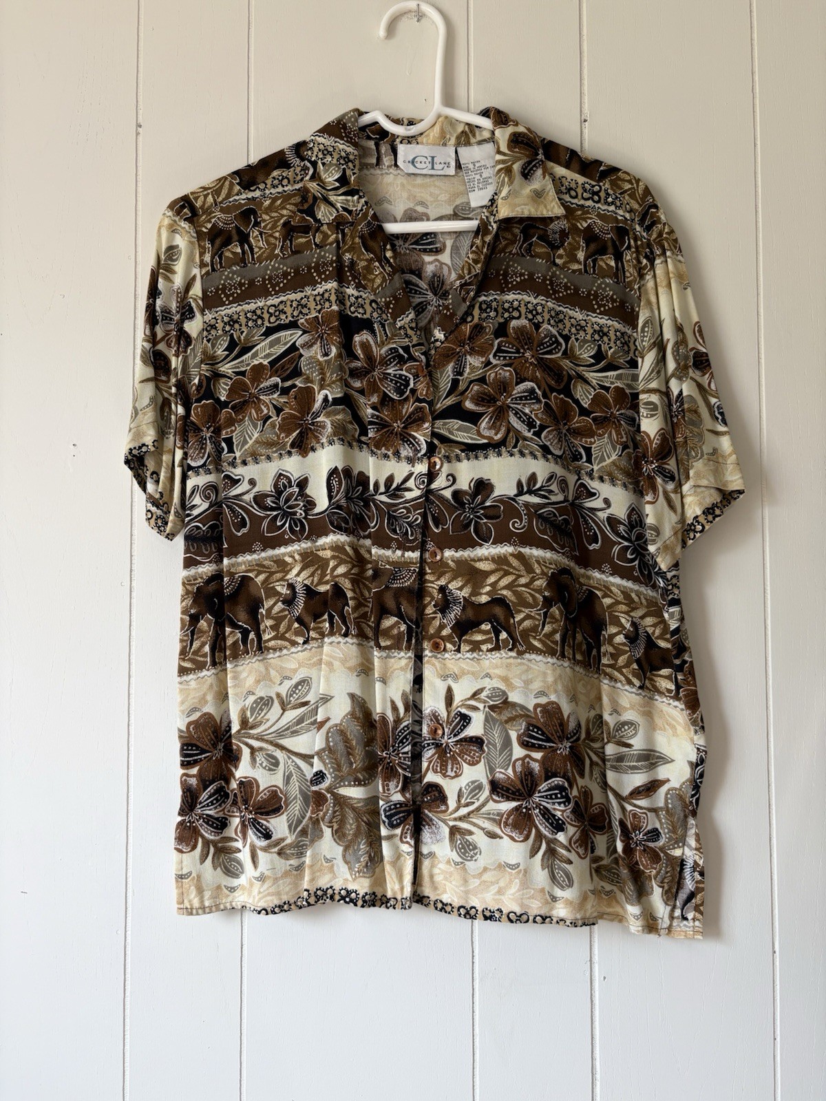 Vintage Cricket Lane S Rayon Safari Lion Elephant Floral Button Front Camp Shirt