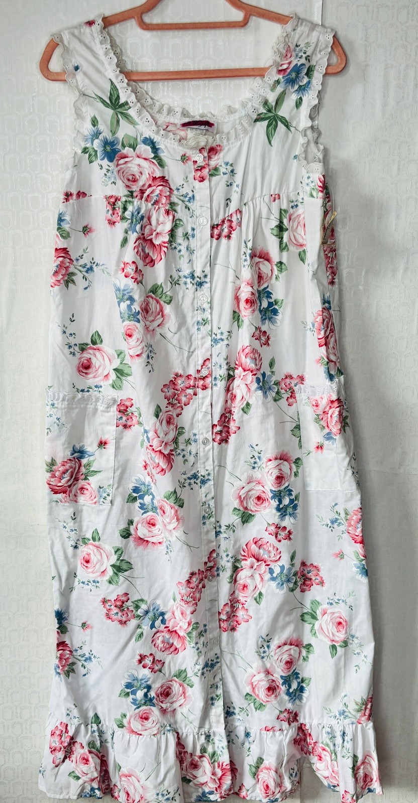 NOS VTG FRENCH COUNTRY COTTAGECORE PINK&WHITE ROMANTIC ROSE COTTON NIGHTGOWN*S/M