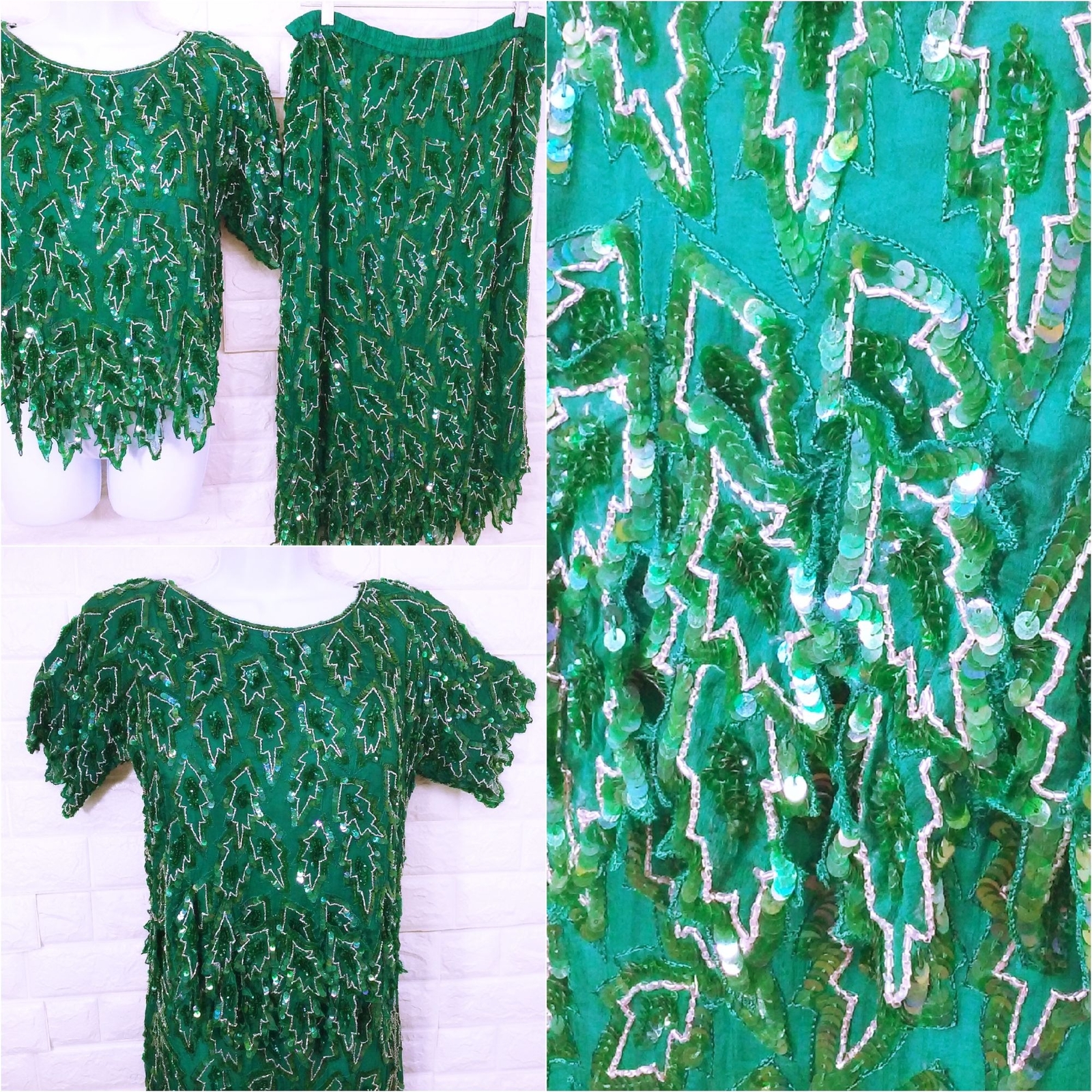 Vintage 80s Scala 2-pc Set Gatsby Silk Sequin Beaded Leafy Blouse Skirt -M Teal