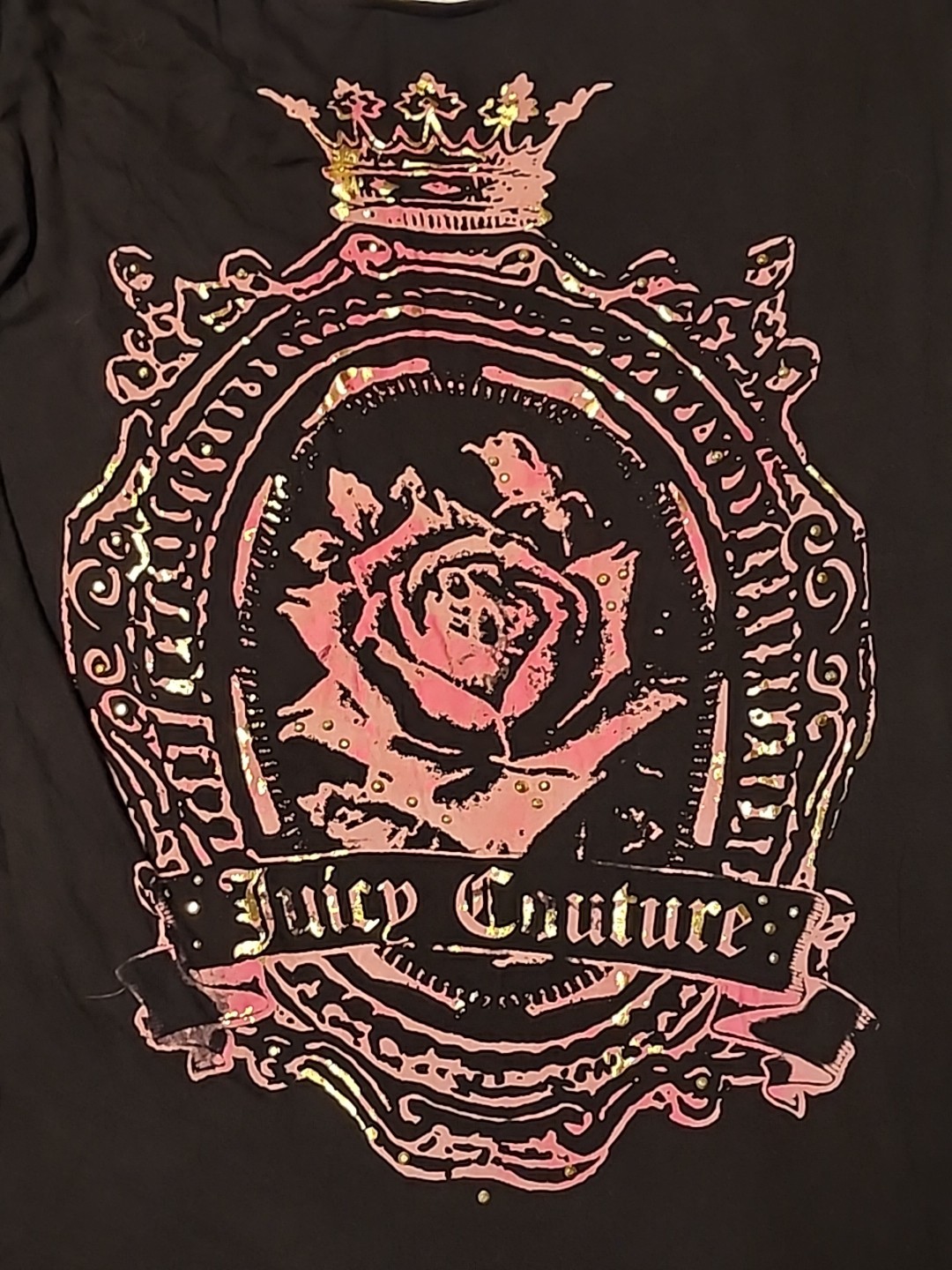 Y2K Vintage Juicy Couture Black Top Shirt XL Pink Crest Logo Bling