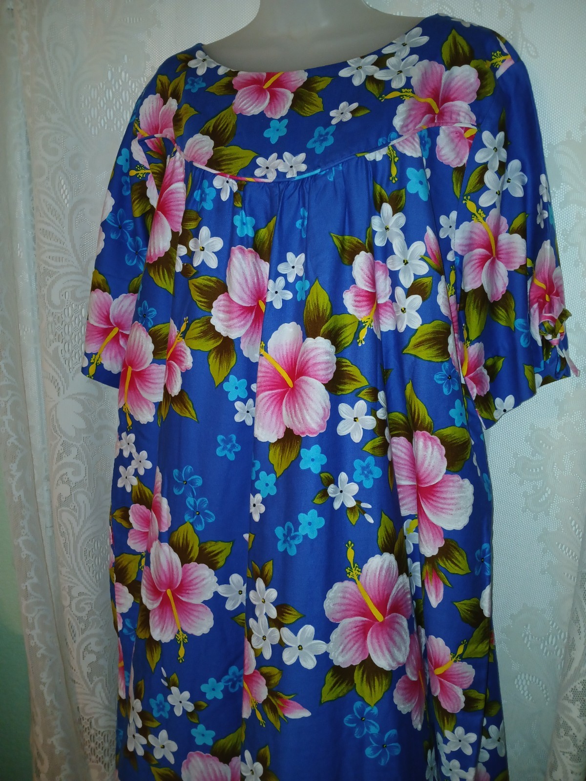 Vintage 60s Ui-Maikai Blue Hawaiian Pink Hibiscus Cotton Muumuu Dress XL Tiki O