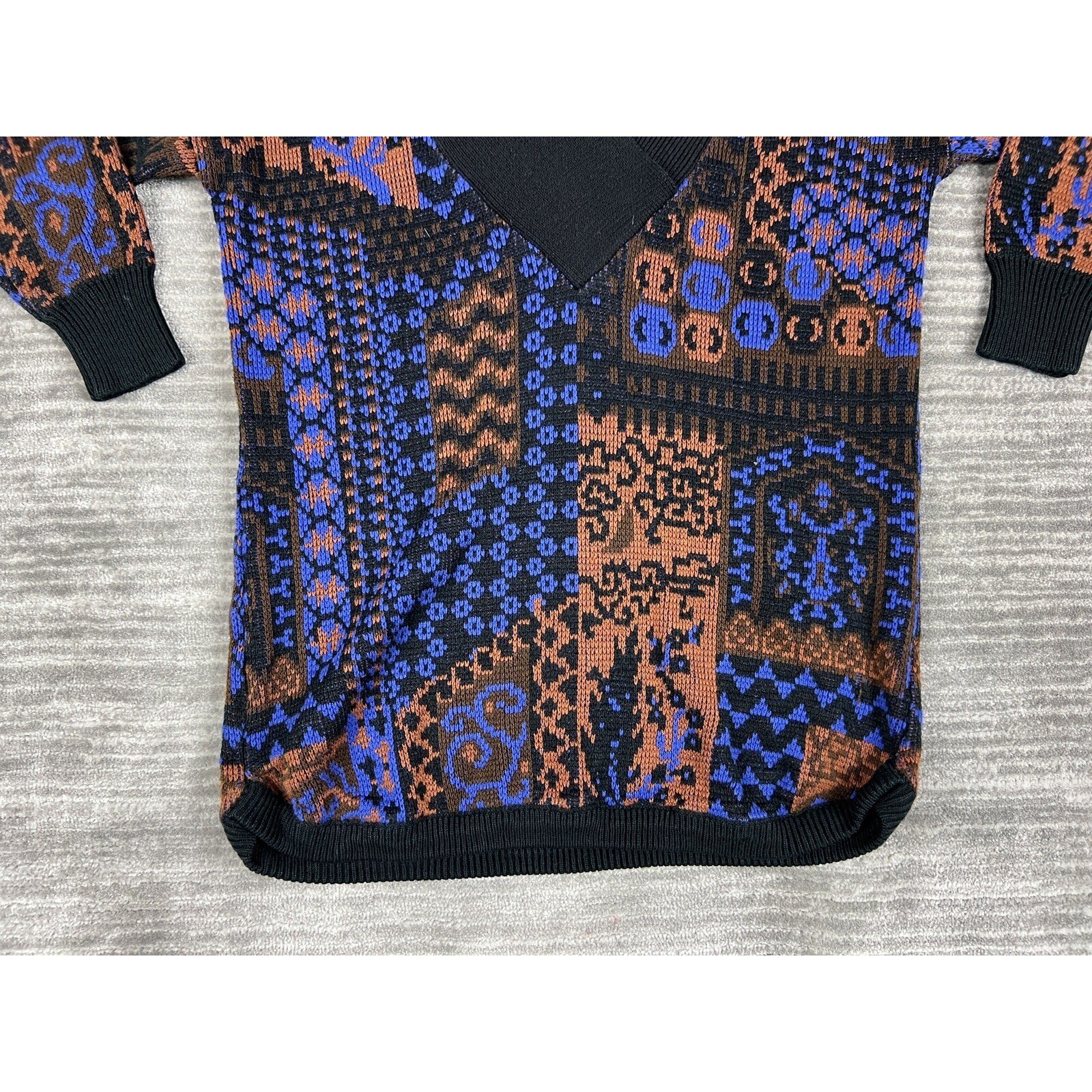 Partners by Mervyns Sweater Women Medium Blue Brown Vintage Patchwork V-Neck 80s