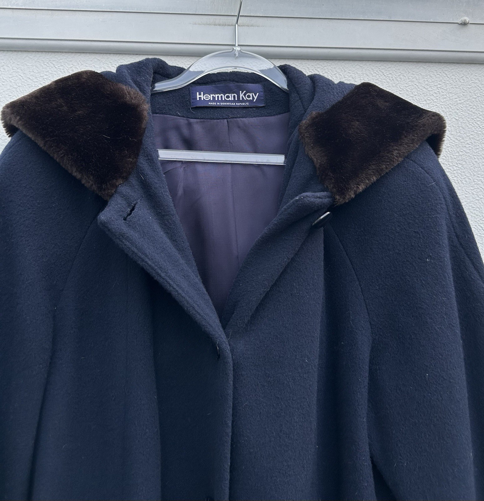 Vintage Coat Women 100% Wool Fur Trim Navy Blue Penny Lane Hood Sz 10 Herman Kay