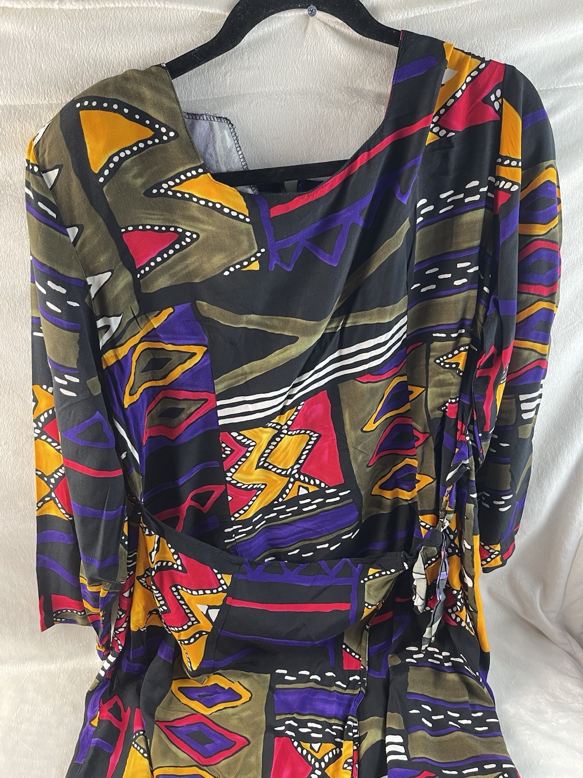 Whisper Vintage 90s Rayon Abstract Geometric Midi Dress with Back Tie (Large)