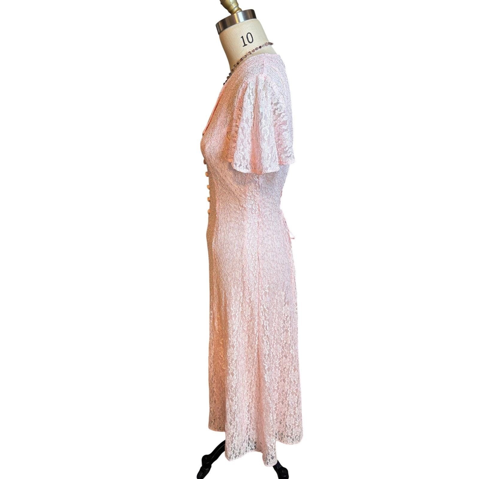 90s Dawn Joy Fashions Lace Midi Romantic Dress Womens 6 Pink Vintage Corset Back