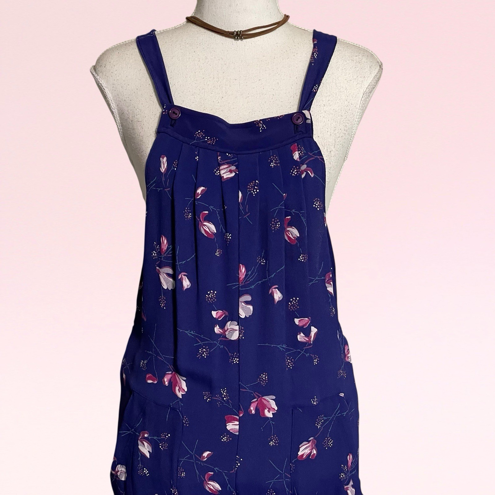 vintage 70s purple floral rayon pleated wide-leg hippie boho overall jumpsuit S