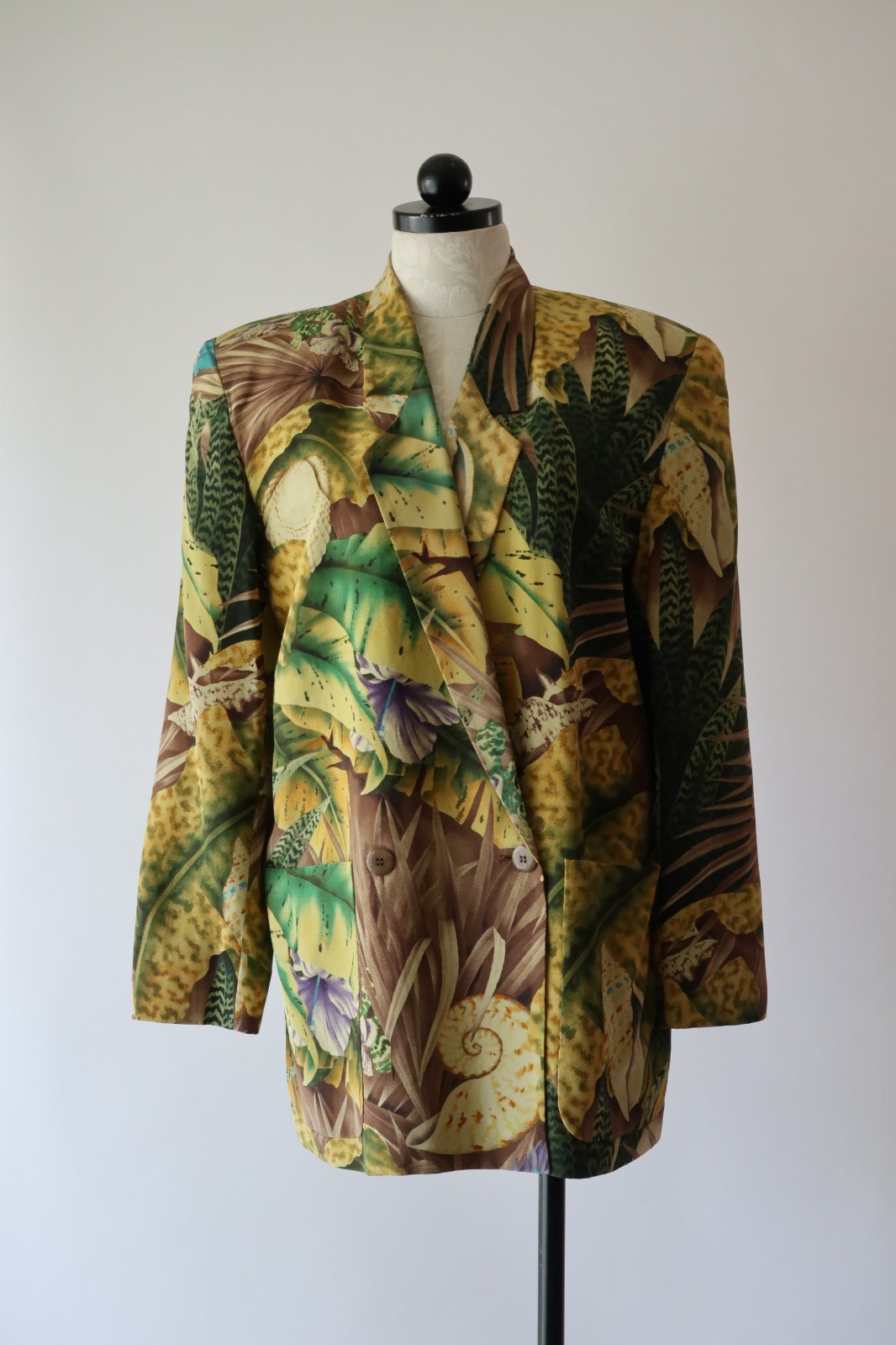 90s Linda Allard Green Brown Silk Tropical Seashells Oversized Blazer Women S M