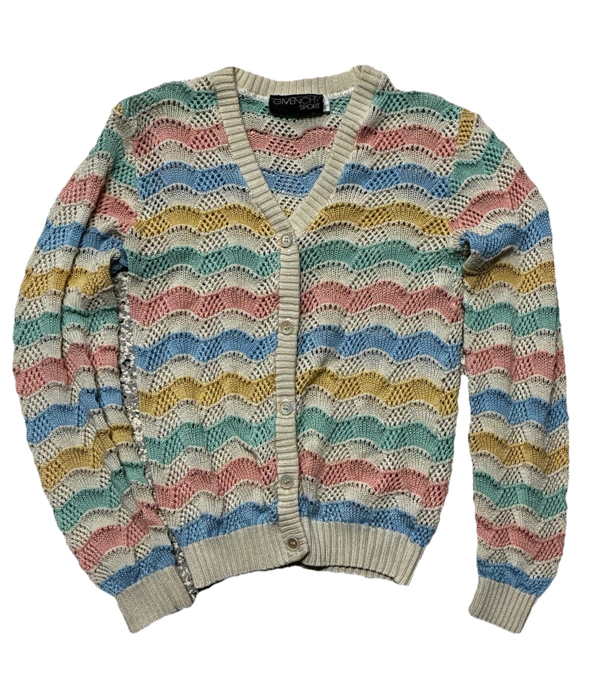 GIVENCHY Sport Vintage Open Knit V-Neck Pastel Scalloped Pattern Cardigan Petite