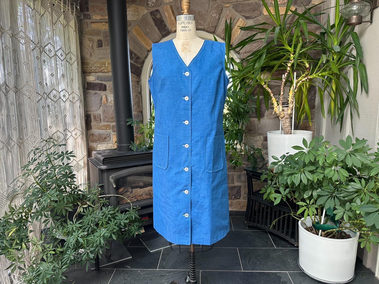 Vintage 1960s Blue Button Front Casual Dress with Pockets Johnny Appleseed’s