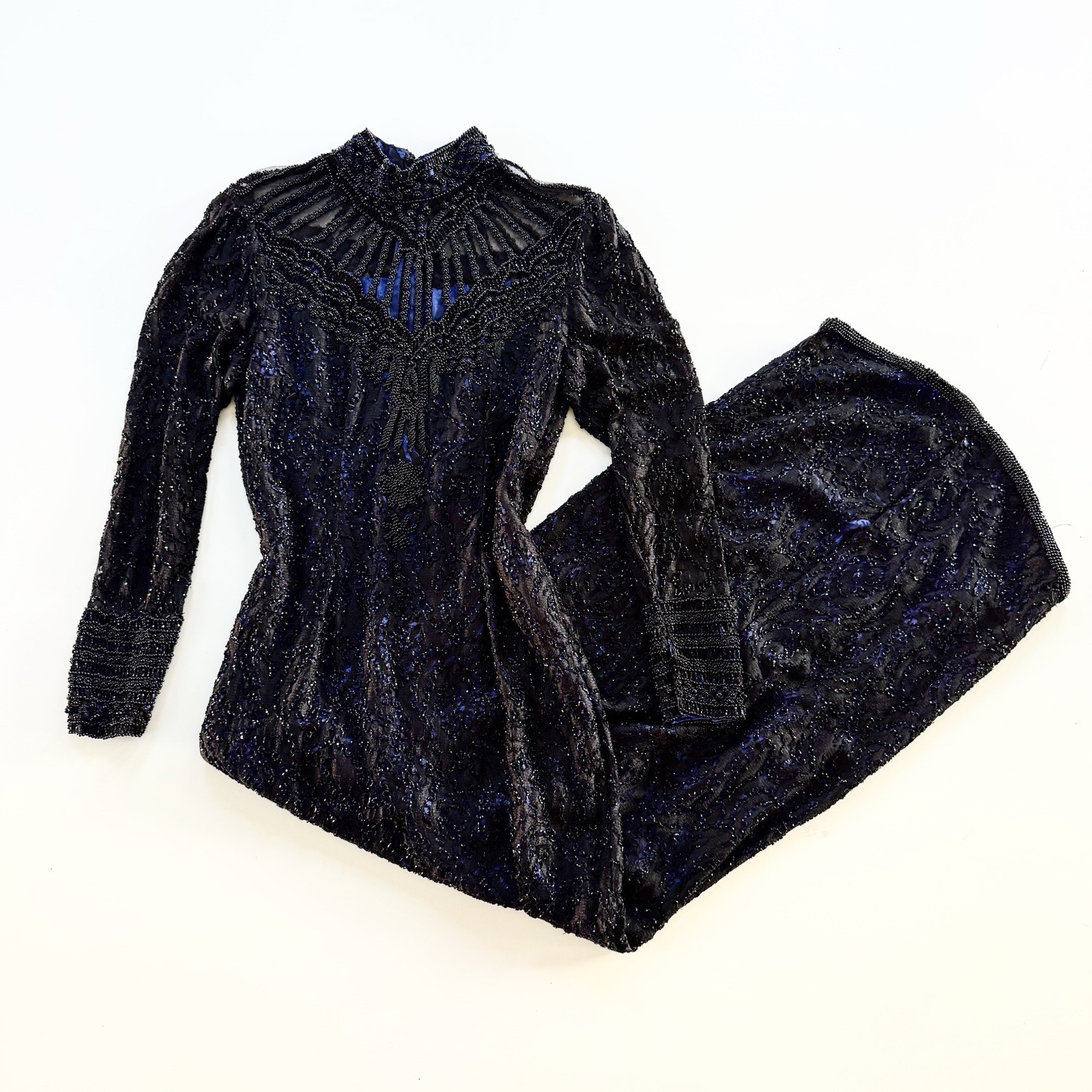 Vintage Handmade Regal Black Beaded Evening Gown With Front Slit Size Small