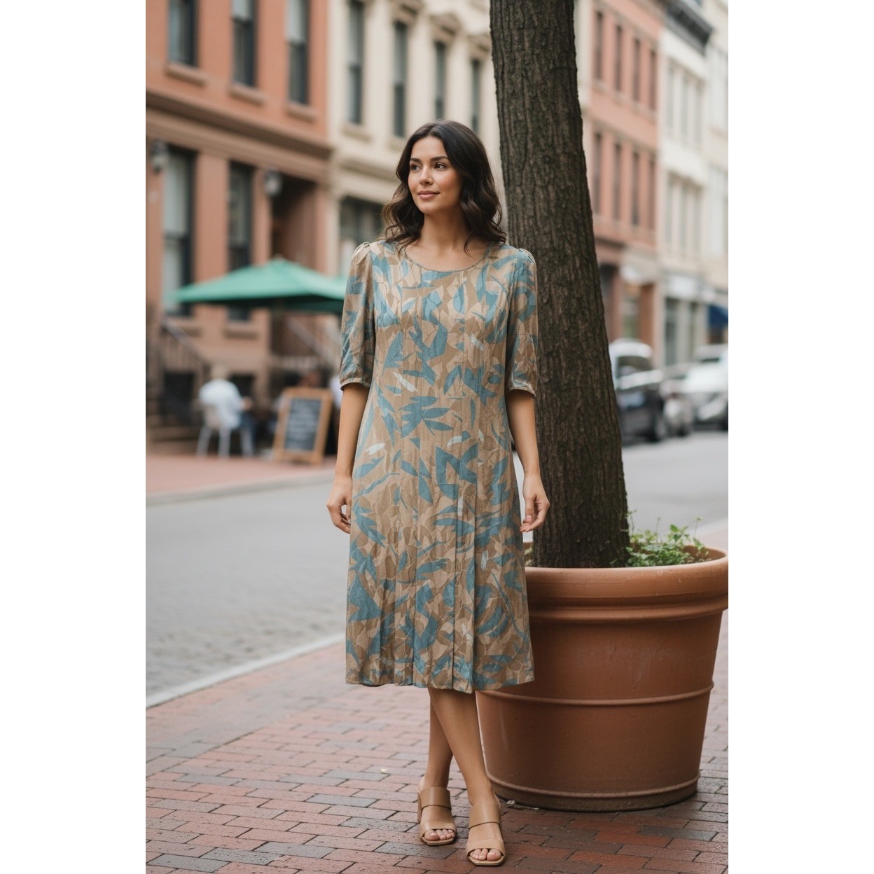 Disegni by Perez Vintage 100% Silk Abstract Leaf Button Back Midi Dress Tan 4