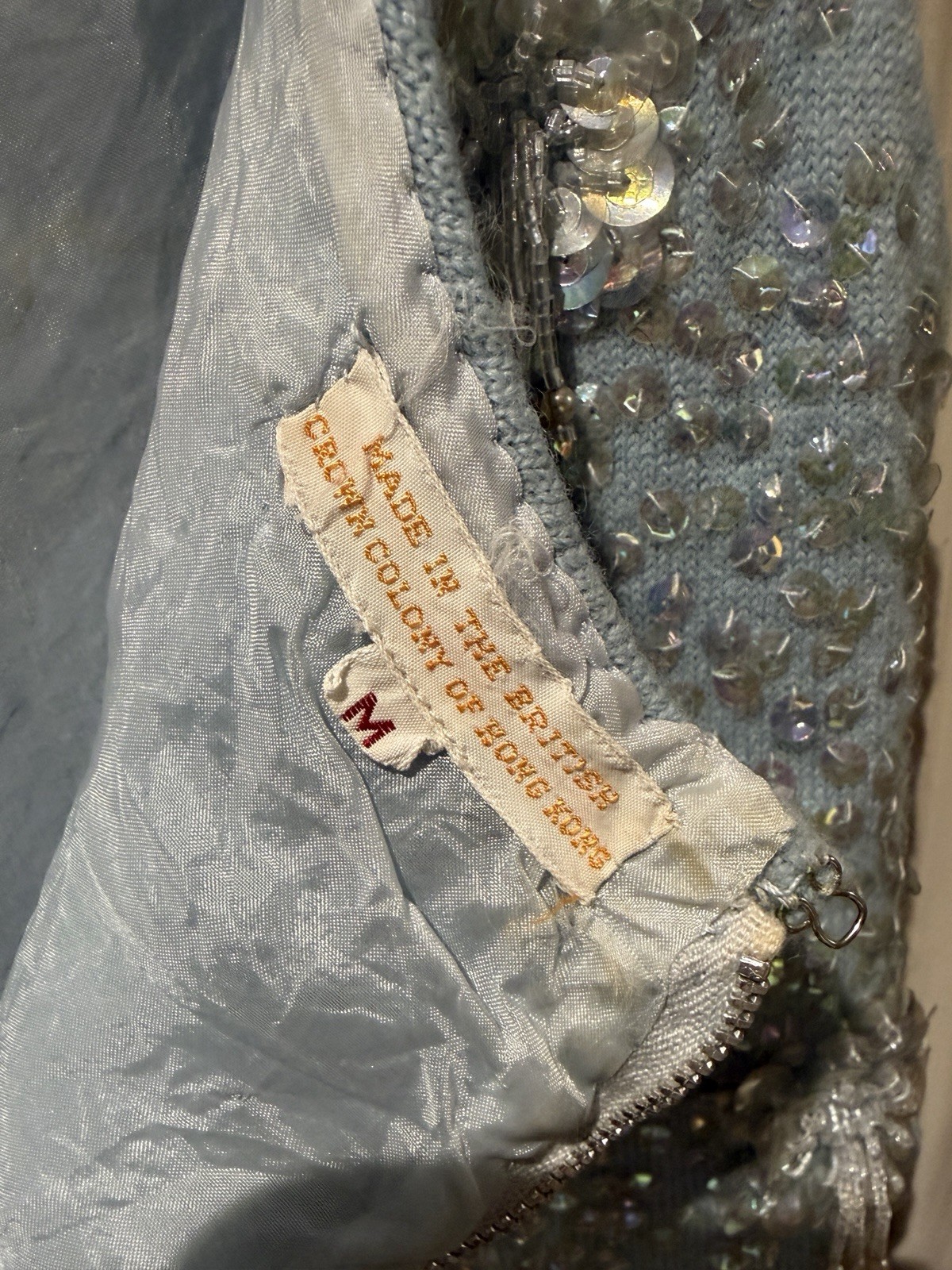 VTG 1950’S/60’S Beaded Shell Top. Icy Blue W/ Clusters Of Beads And Sequins Sz M