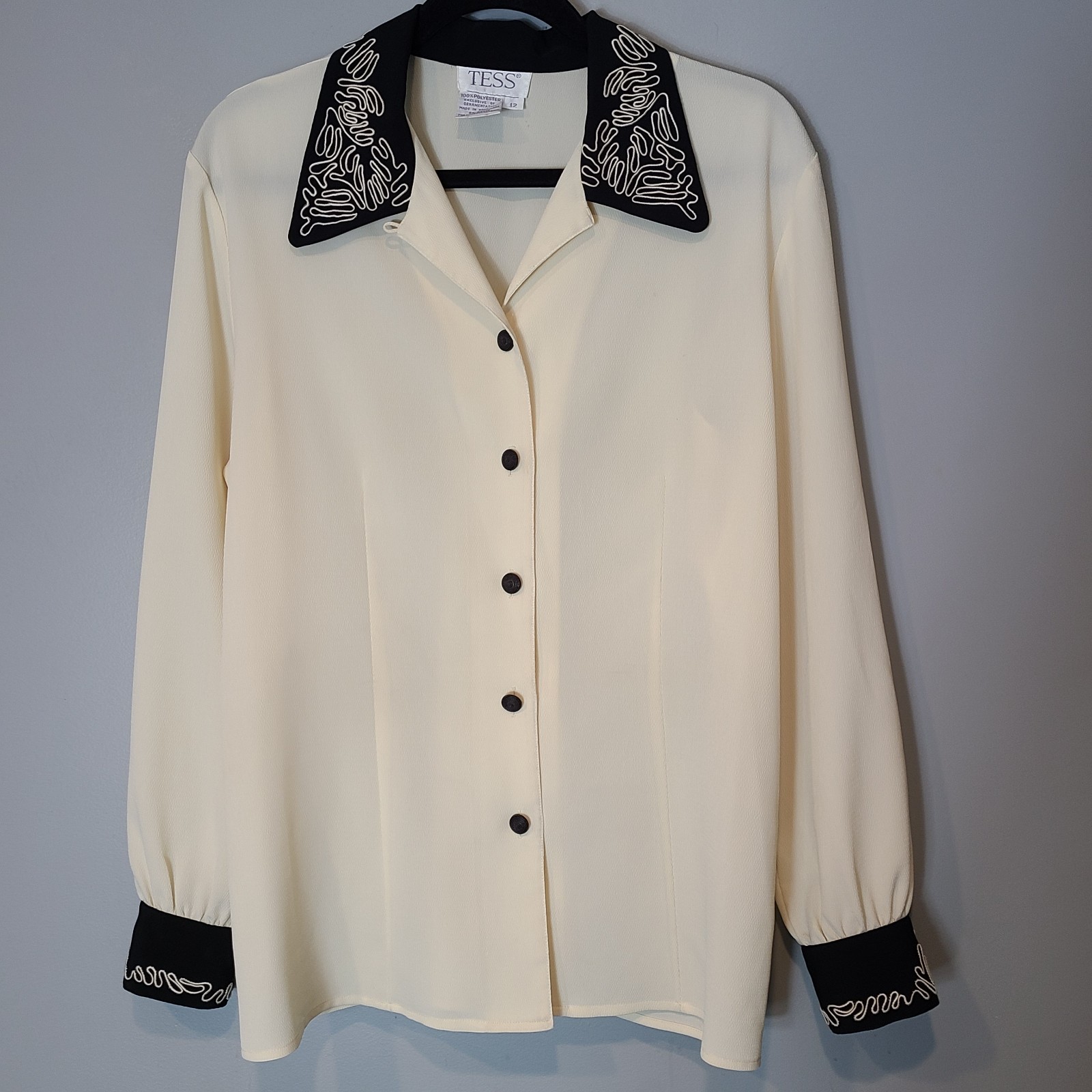 Vintage 80s Poet Secretary Blouse Button Down Euro 90s Cream Art Festival Sz 12