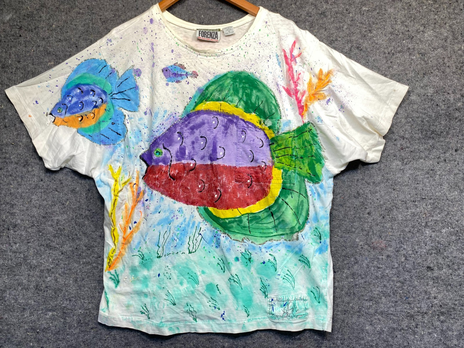 FORENZA 80’s 90′ Fish Ocean T-Shirt Teal Blue Vintage Puff Paint Neon Women’s M