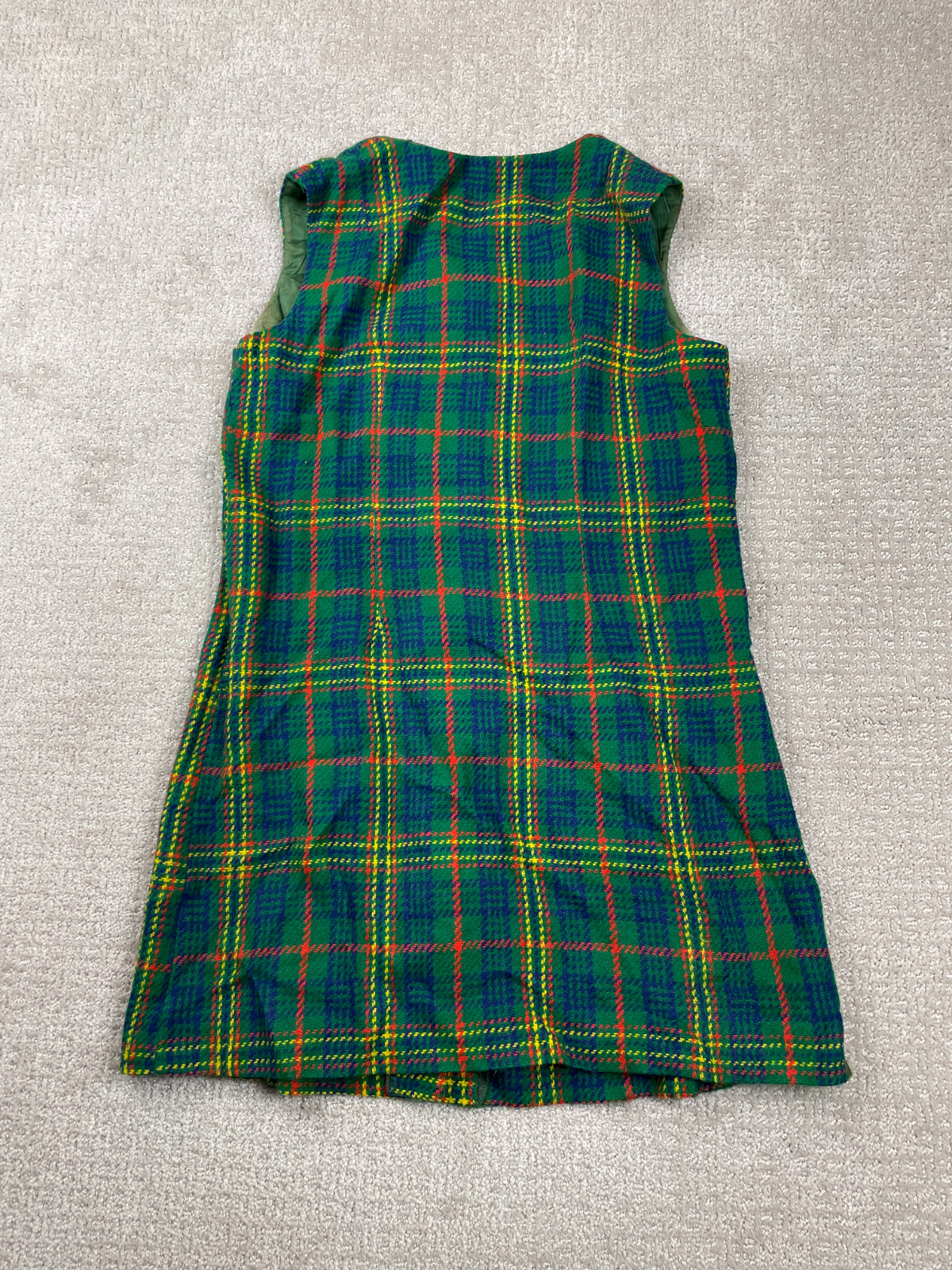 Vintage Cracker Barrel Jumper Mini Dress Womens Green Tartan Plaid Wool 50s 60s