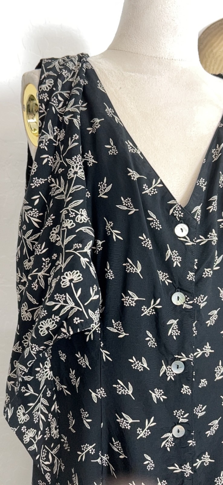 Vintage Robbie Bee Dress 10 Black Floral Rayon Button Front Tie Midi 90s Grunge