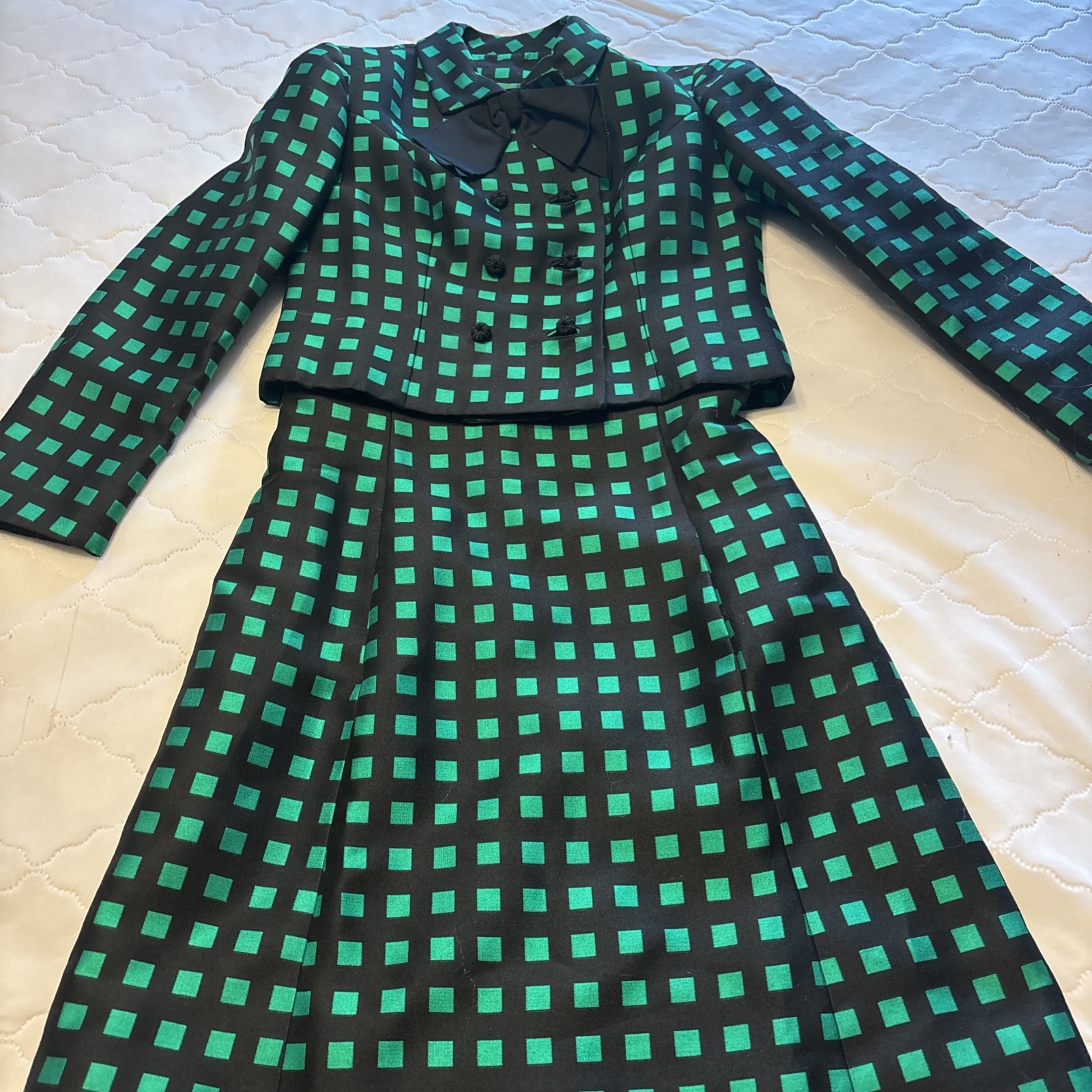 VTG 1960s/1970s Dress W/Jacket Custom Made green/black checked Med. NICE