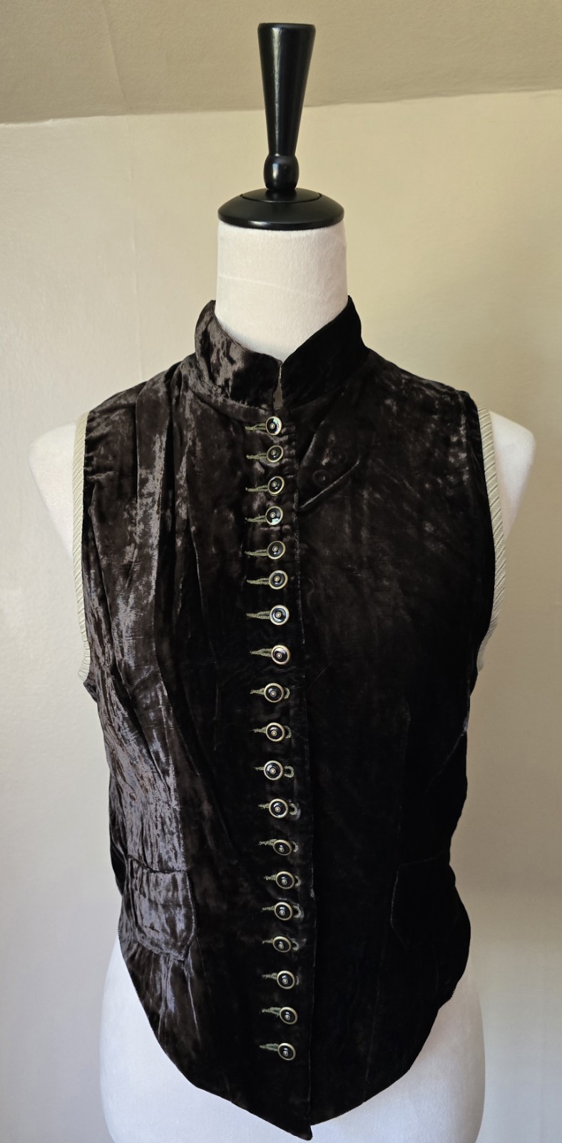 Vintage 1990s Banana Republic Brown Velvet Mandarin Collar Boho Goth Vest Size 8