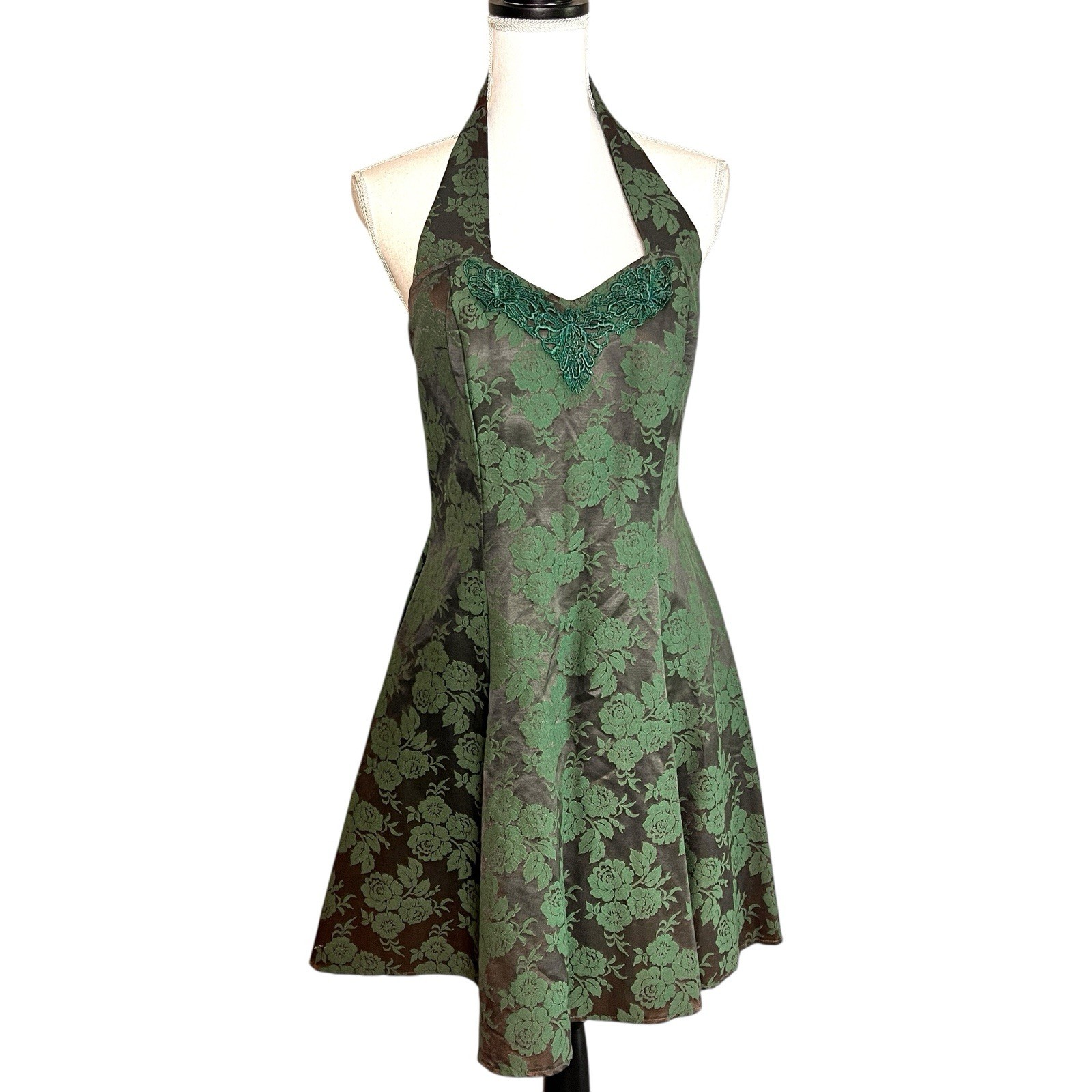 Vintage Ariana Green Floral Halter Dress Y2K Fairycore Made USA Small Party