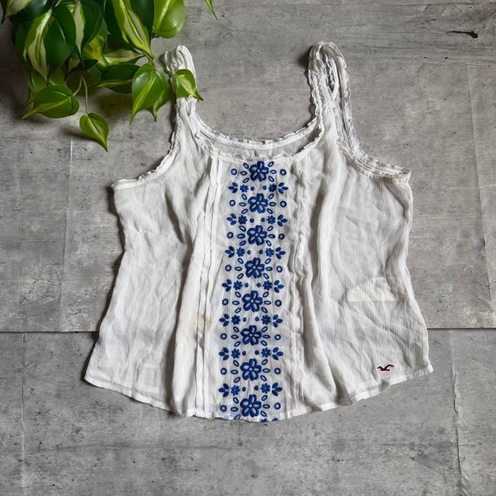Vintage Y2K Hollister white tank top with blue floral embroidery