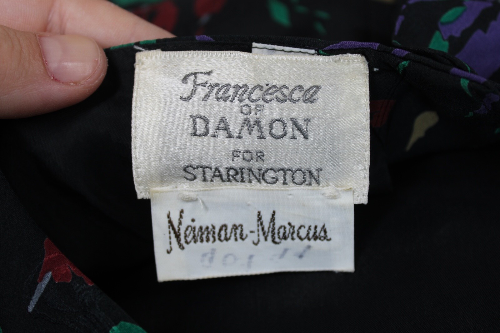 Vtg 80s Francesca of Damon Starington 10 Dark Floral Silk Drop Waist Dress