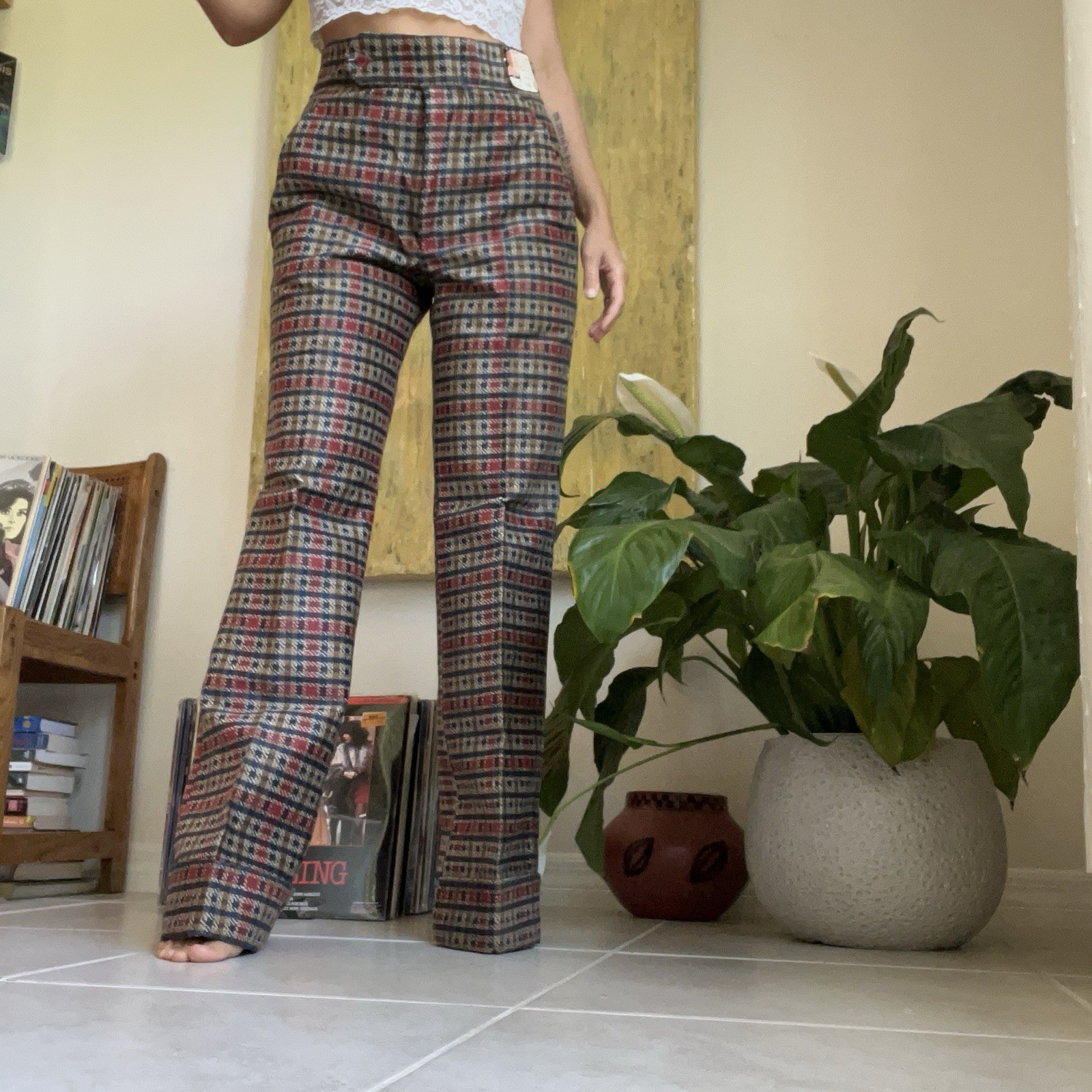 NOS True Vintage 1960’s/1970’s plaid flare pants 23” Waist Stretch To 28”