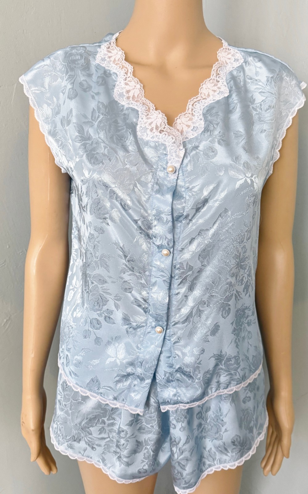2pc Vintage JULIARA Blue Shiny Liquid Satin Lacy Babydoll Set Top Tap Panties M