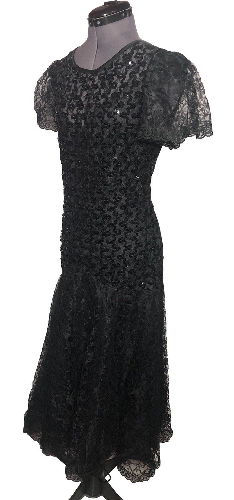 Vtg 90s Goth Lace Sequin Dress Black Witchy Whimsygoth Witchy 39-33-39 DAMAGED M