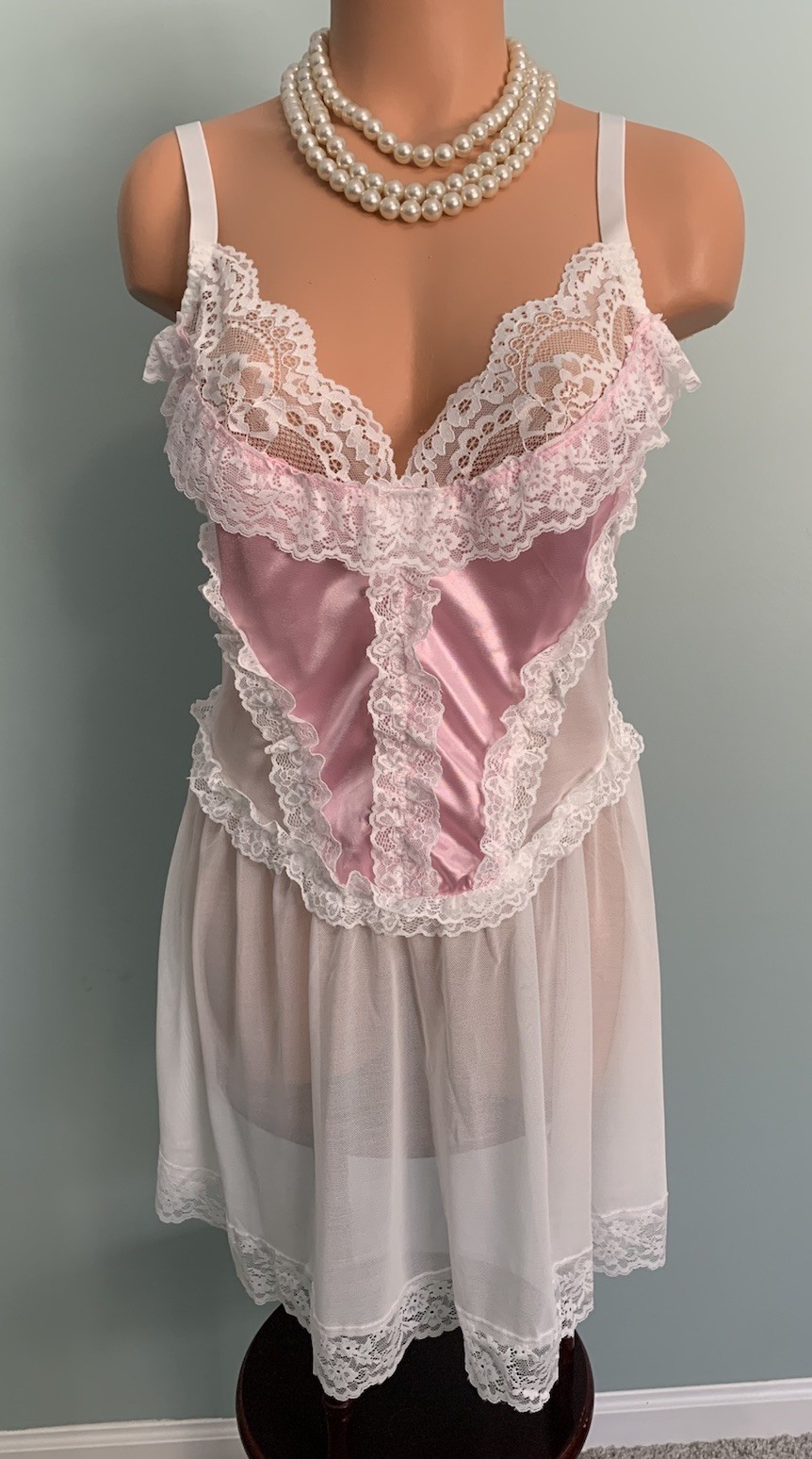 NEW Shiny Satin & Frilly Lacy Nightie 1X Babydoll Negligee Chiffon Sheer 2pc